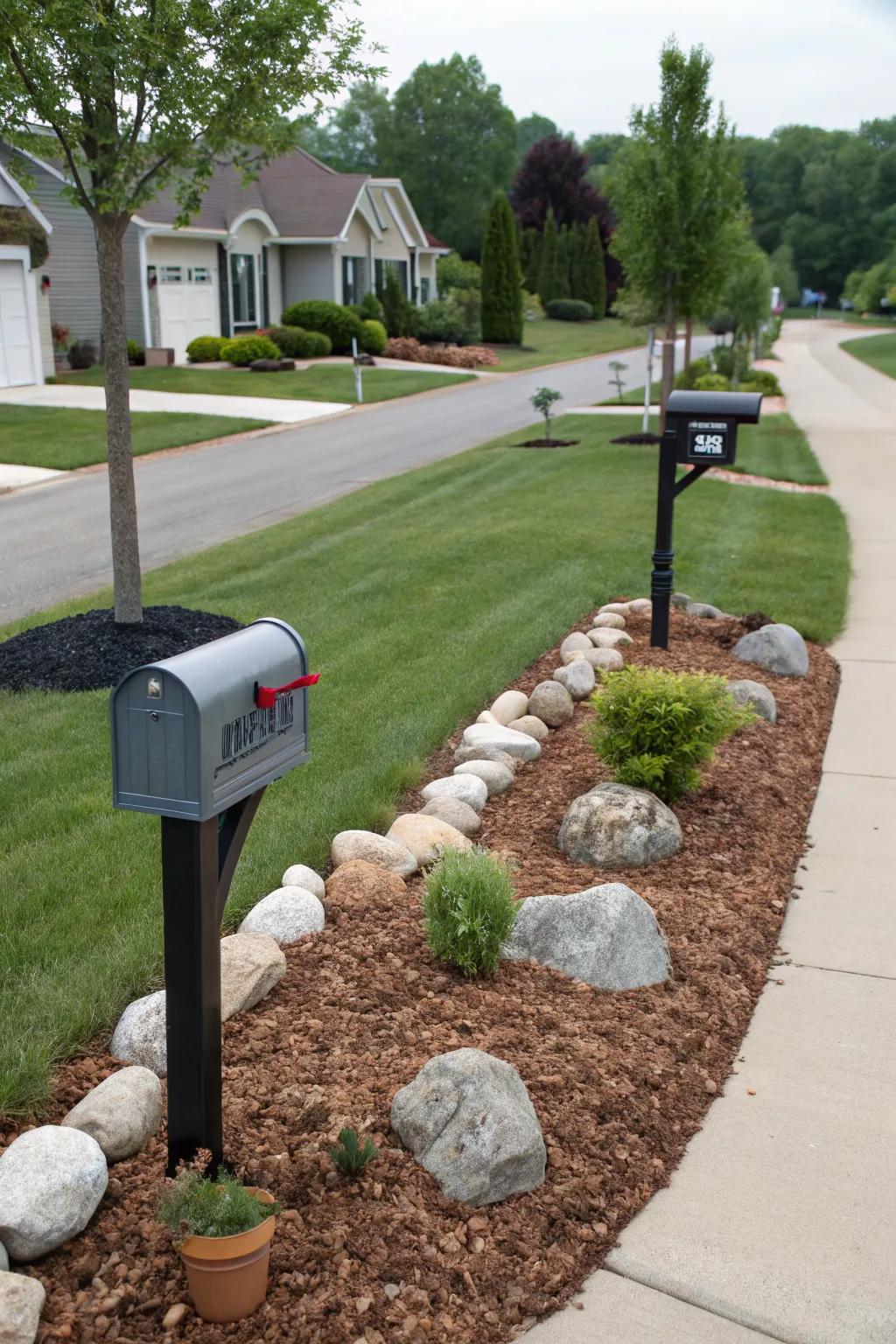 Mulch and rocks provide a clean, defined look to the mailbox landscape.