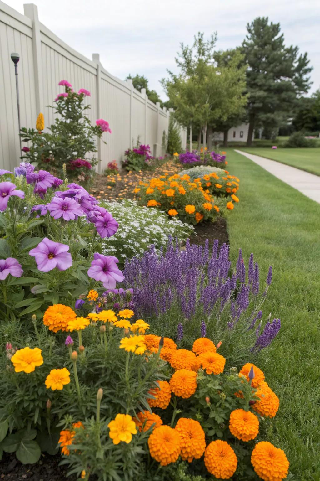 Create a vibrant and diverse flower bed with marigolds.