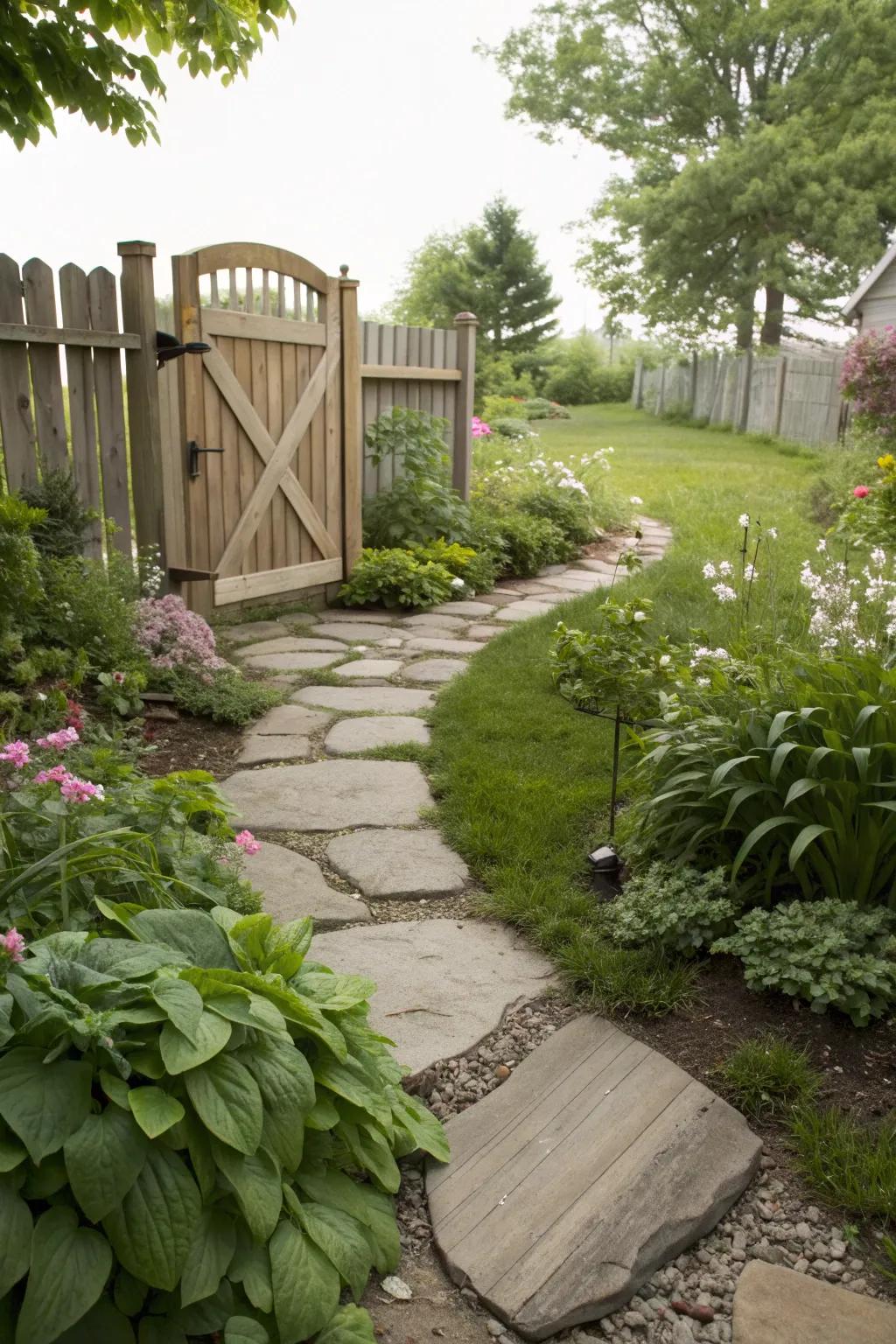 A stone pathway elegantly winding through a front yard garden.