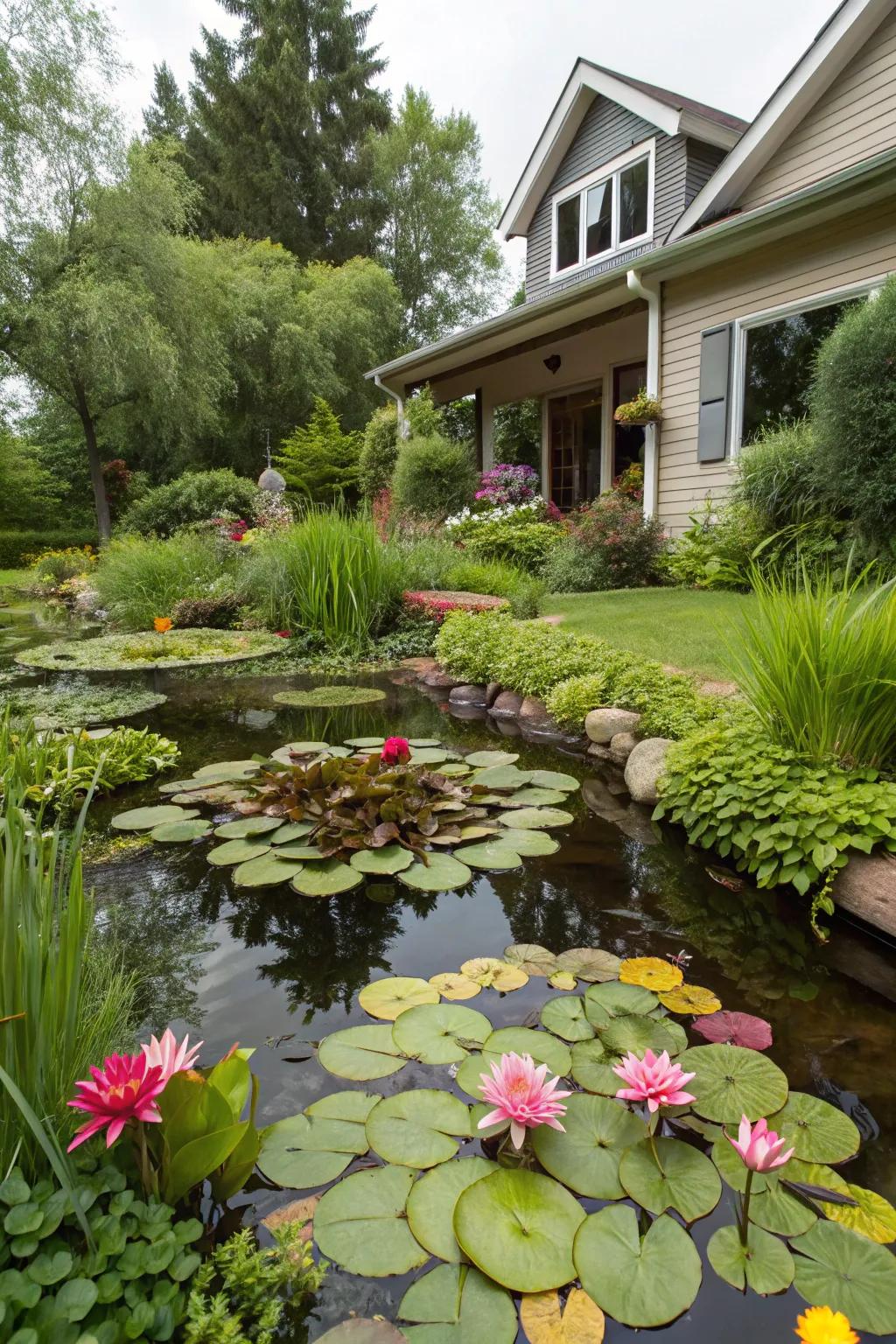 Aquatic plants bring color and life to a front yard pond.
