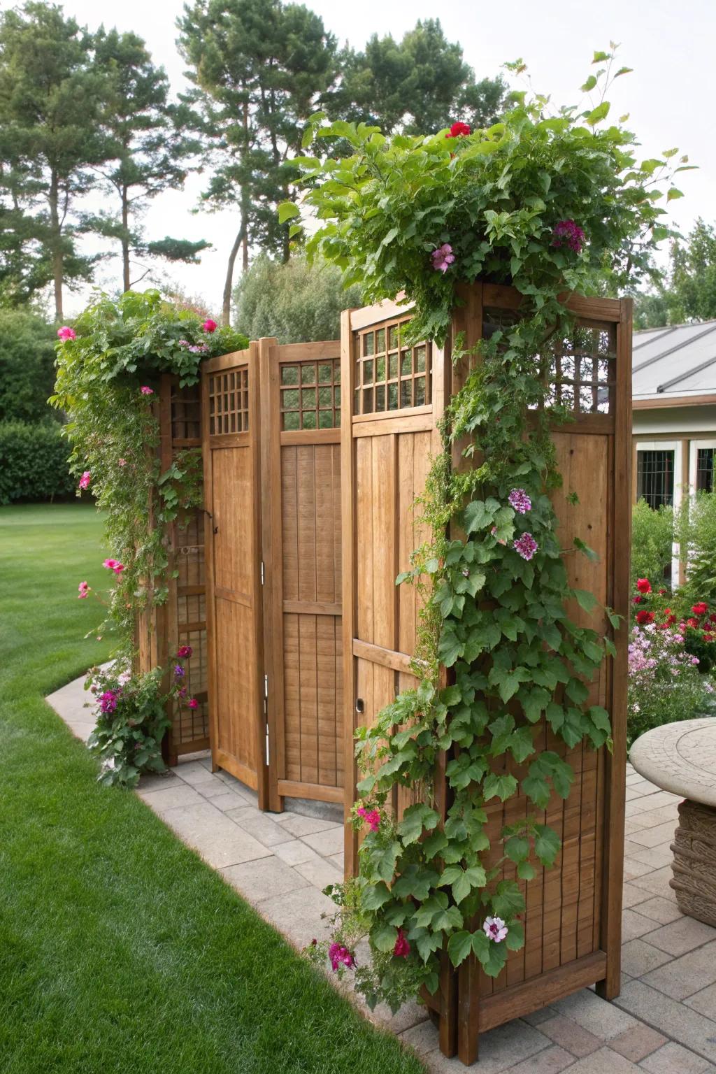 Wooden screens paired with climbing vines make for a stunning privacy feature.