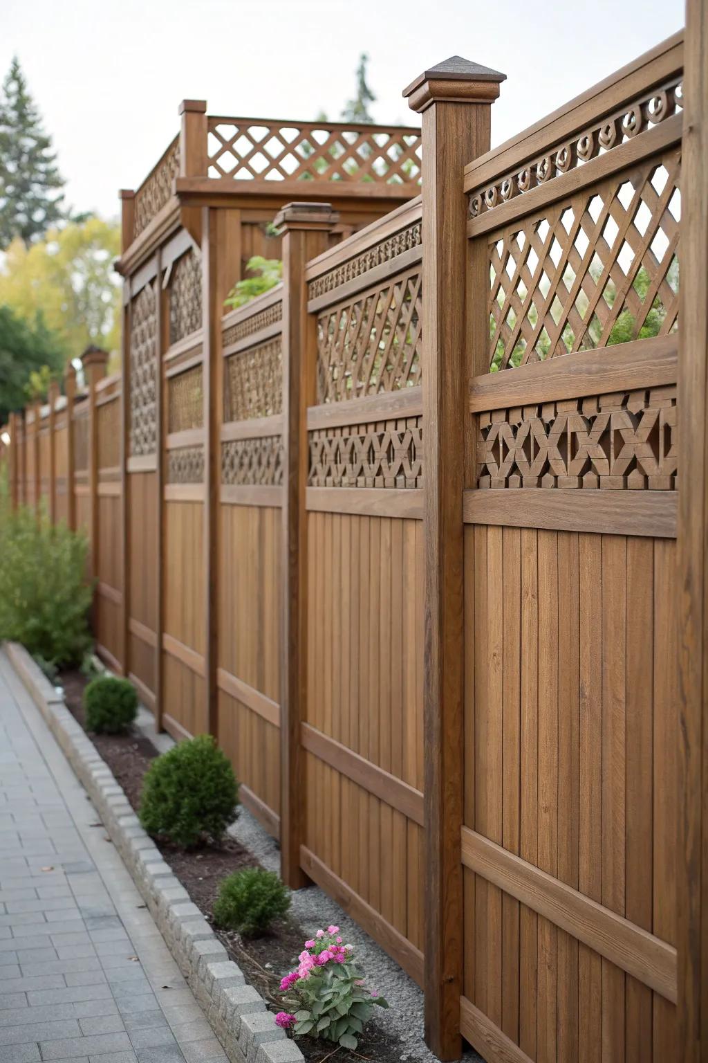 A wooden fence with lattice tops adds both privacy and a touch of artistry.