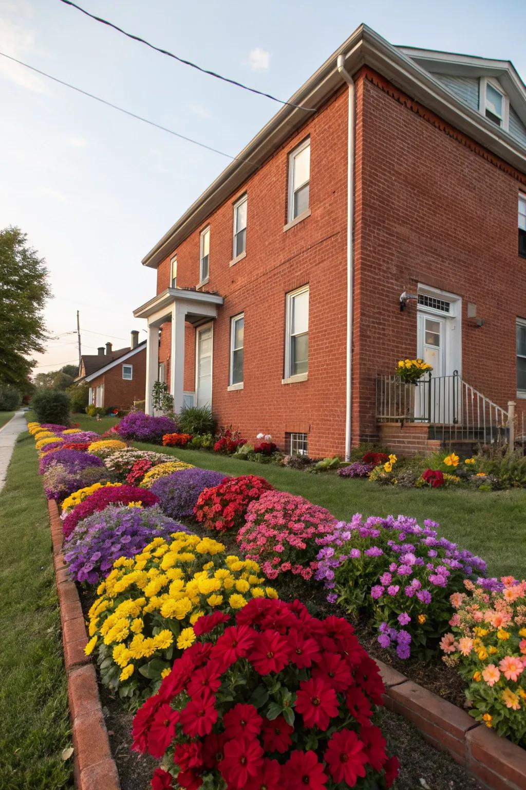 Vibrant flower beds provide a beautiful contrast to the red brick façade.