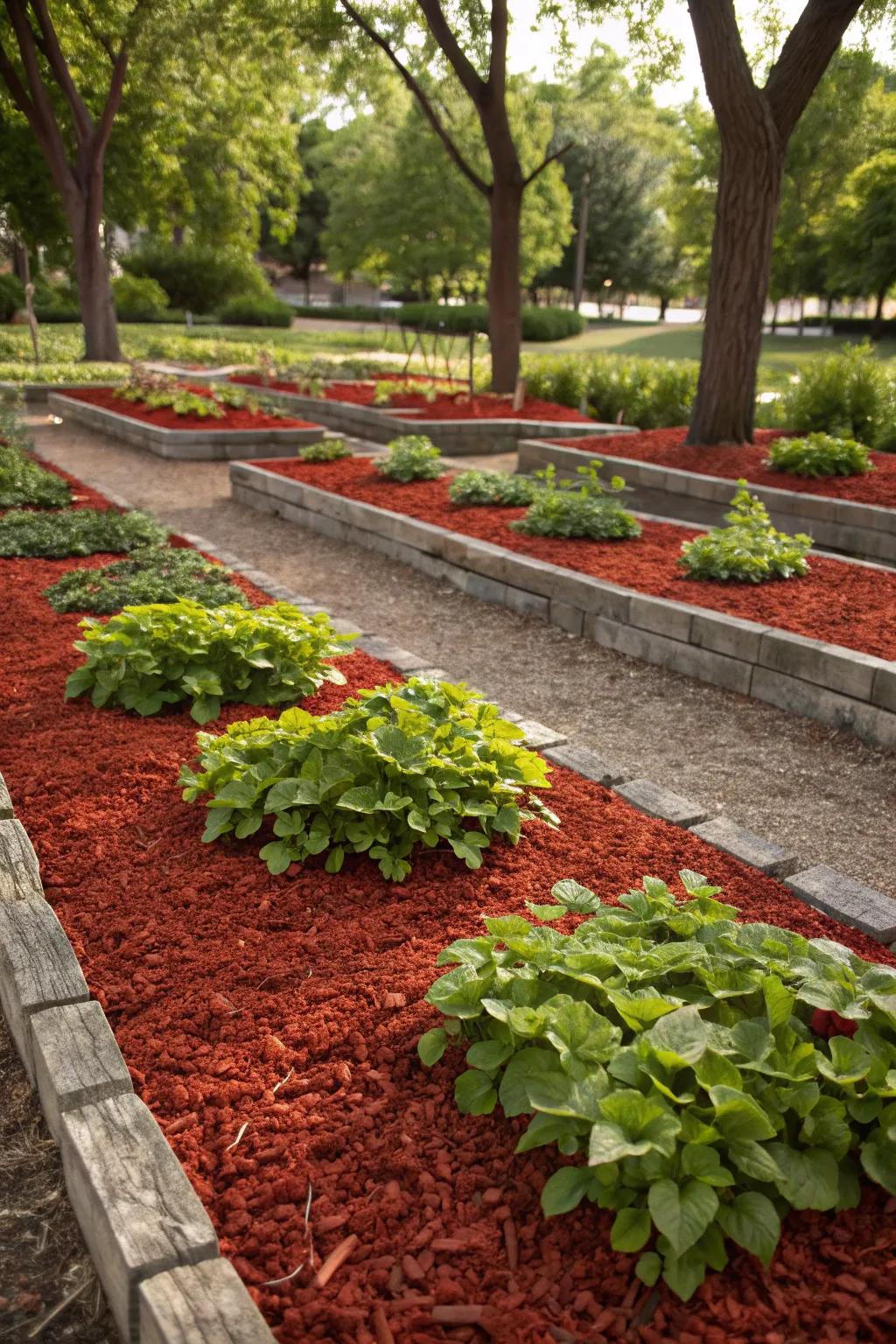 Lush garden beds enhanced with vibrant red mulch.