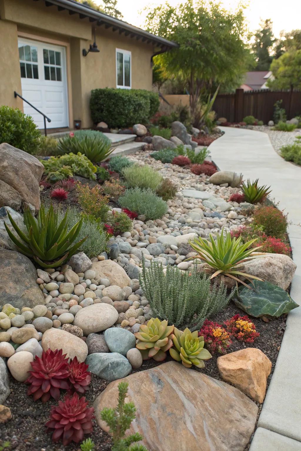 Drought-resistant plants thrive among river rocks.