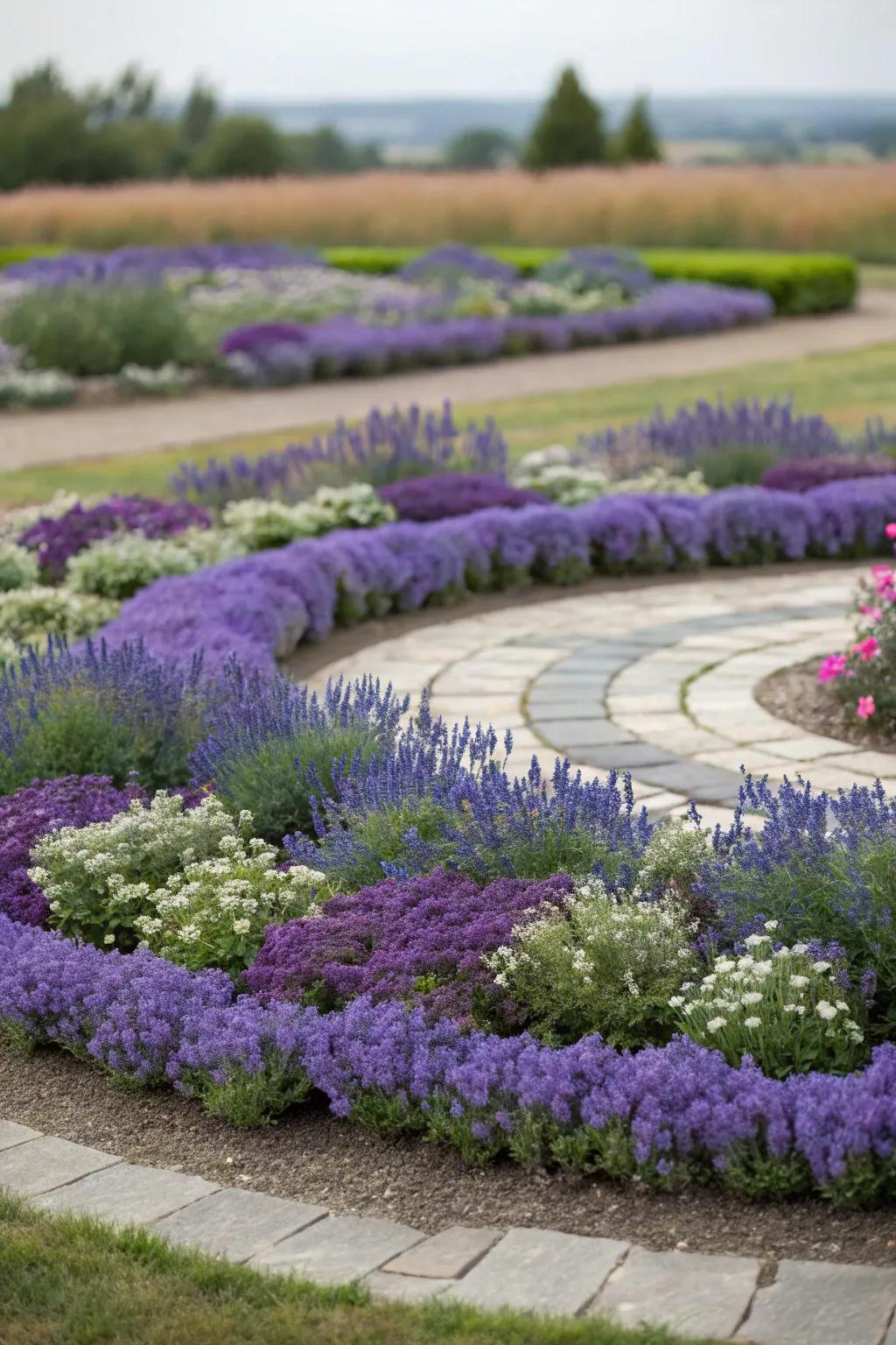 Symmetrical elegance with lavender and salvia in a round flower bed.