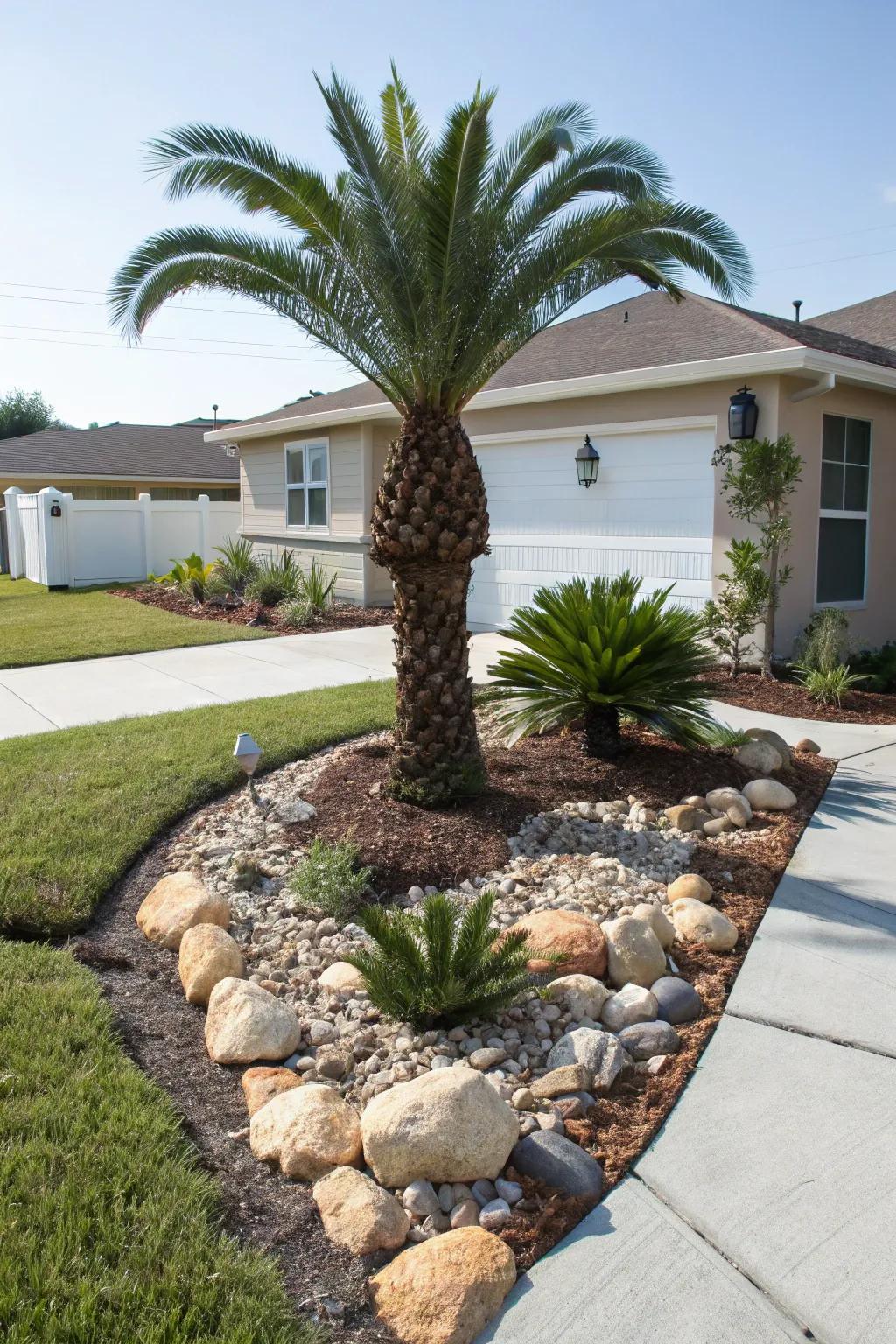 Decorative rocks and mulch enhance the appeal of sago palms.