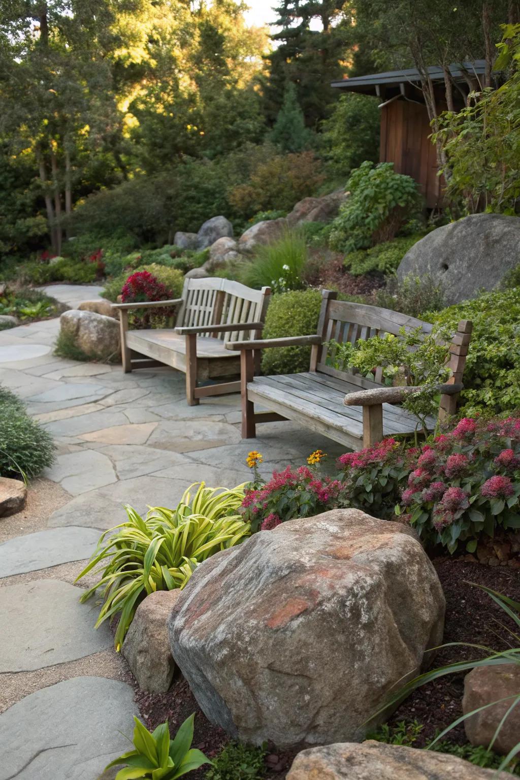 Blend seating with nature using rocks and greenery.