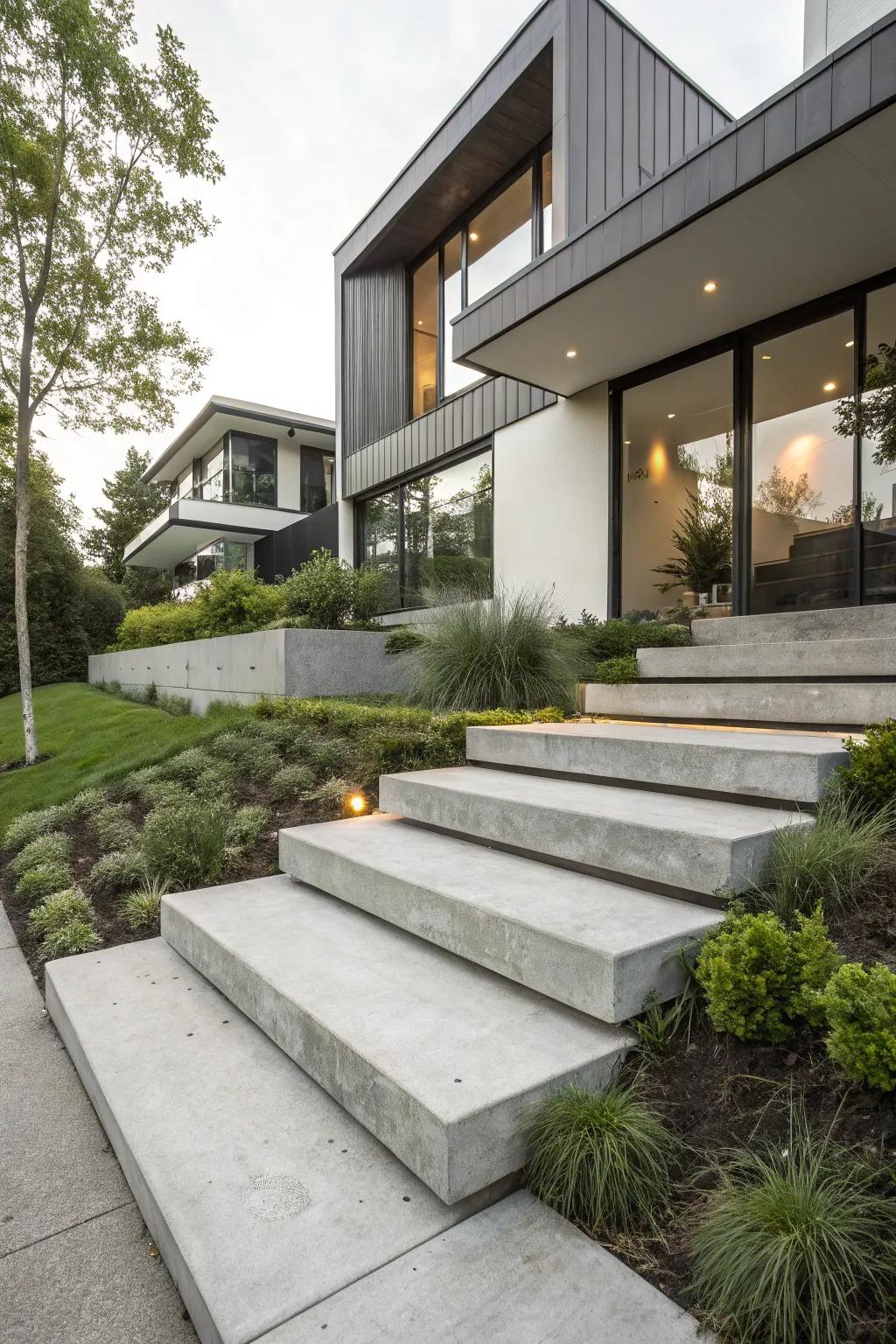 Sleek concrete steps add a modern touch to your home's entrance.