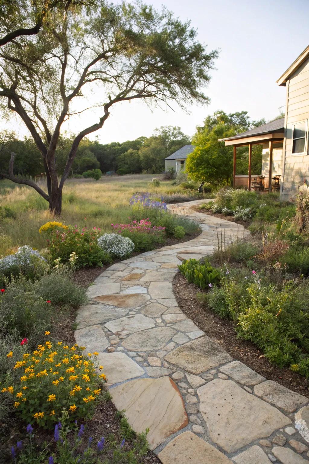 Natural stone pathways blend beautifully with Texas native landscapes