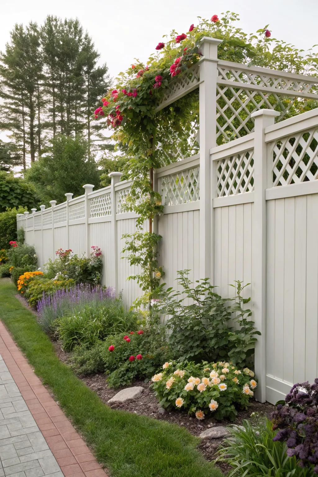 Lattice top vinyl fence with climbing plants creating a living art piece.