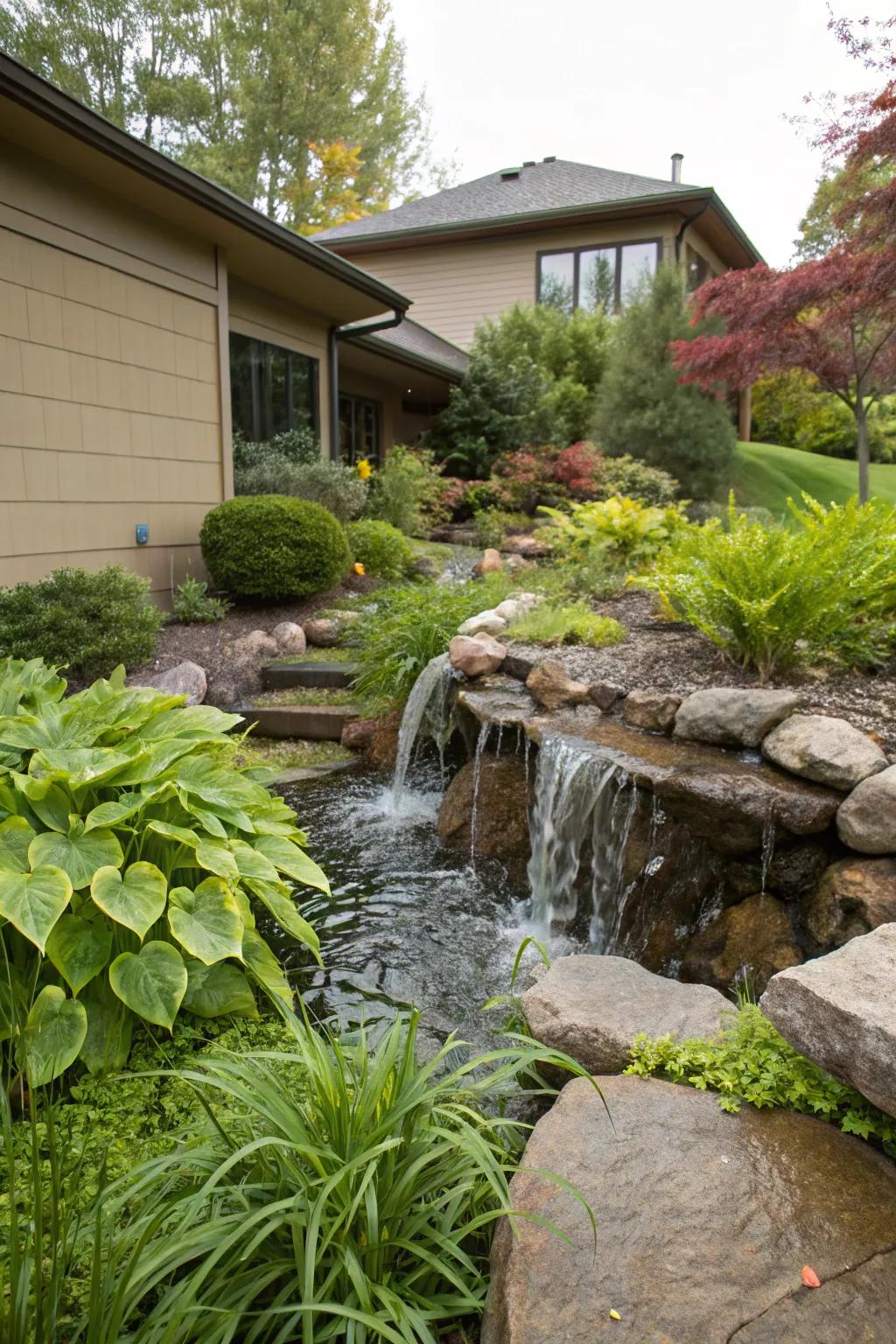 Gentle cascades bring a soothing sound to your front yard.