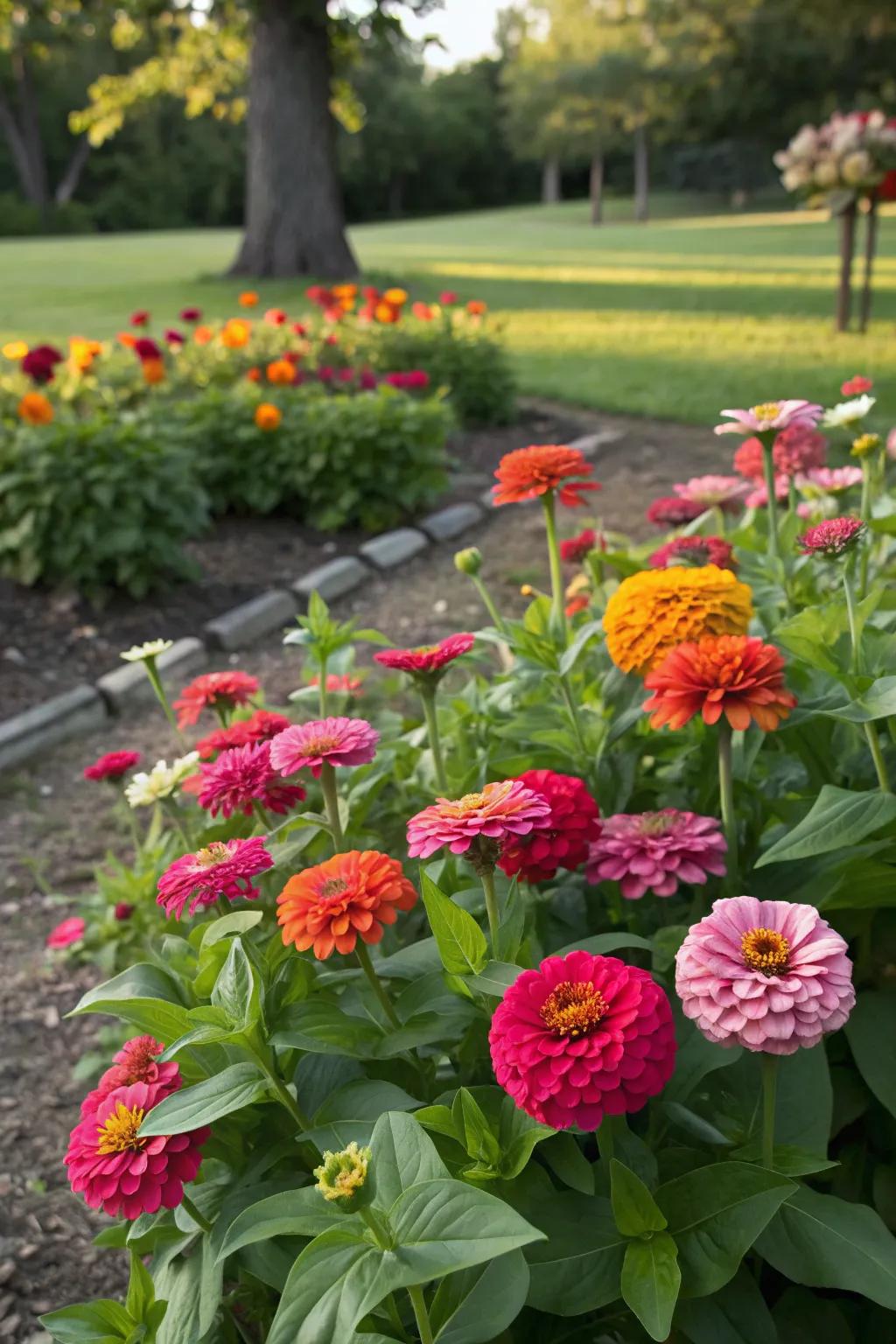 A vibrant mix of zinnia varieties adds depth and intrigue to your garden.