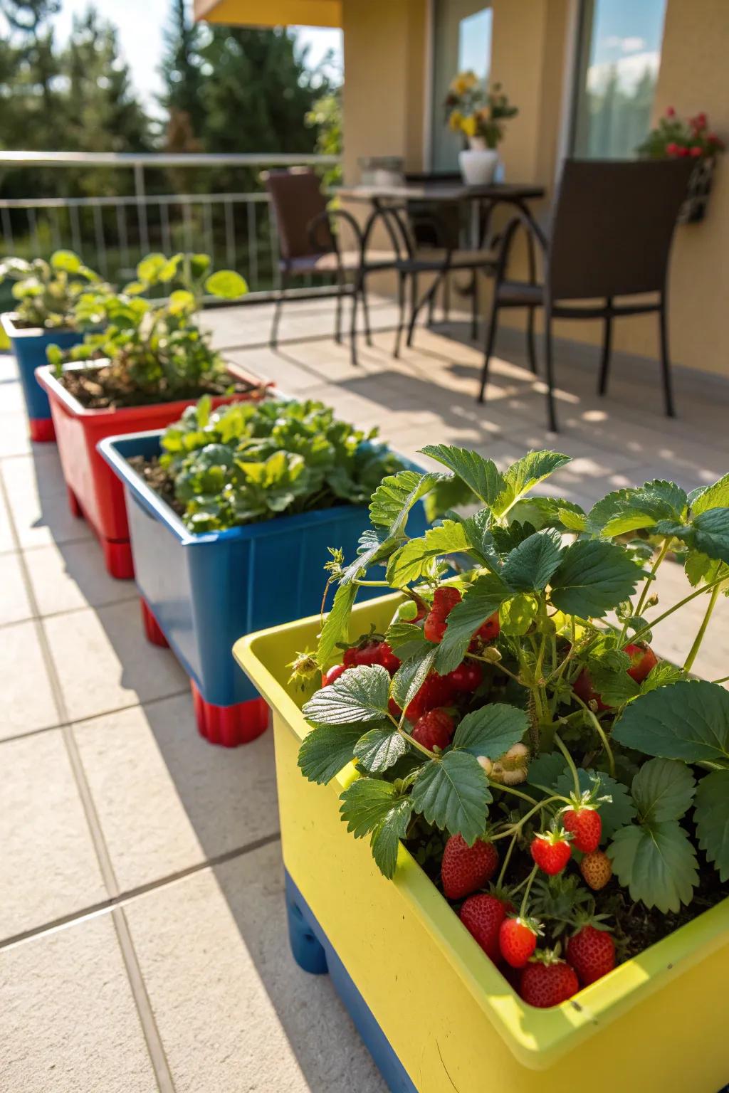 Strawberry plants flourishing in vibrant containers.