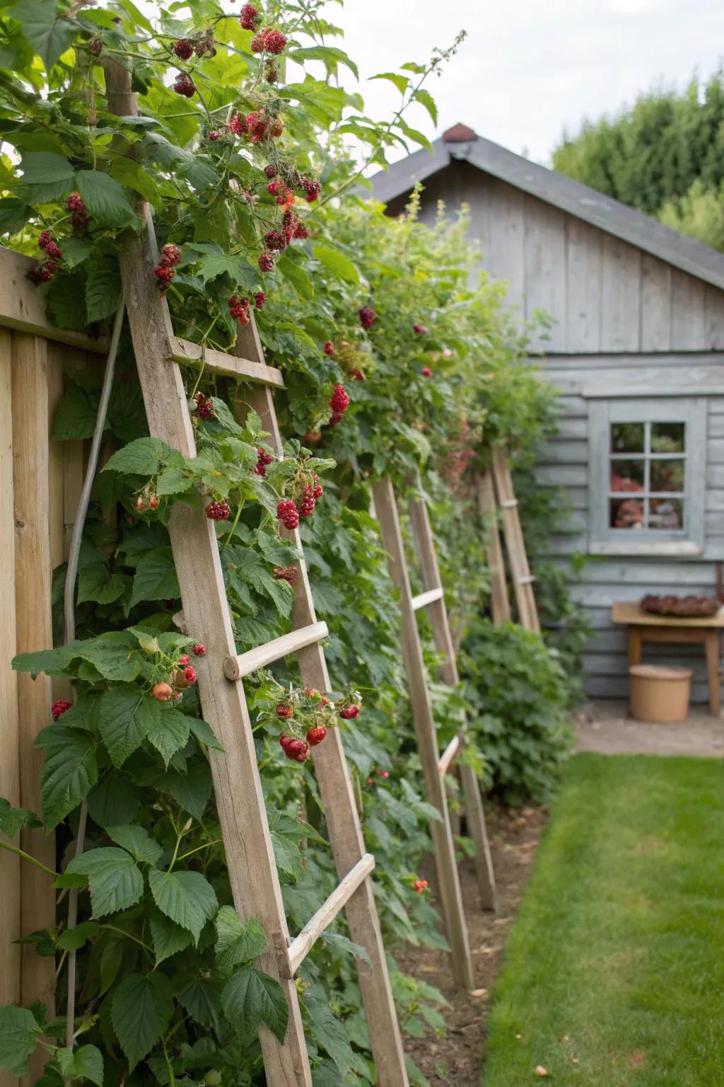 Vertical trellises offer support and a stunning visual impact for raspberry bushes.