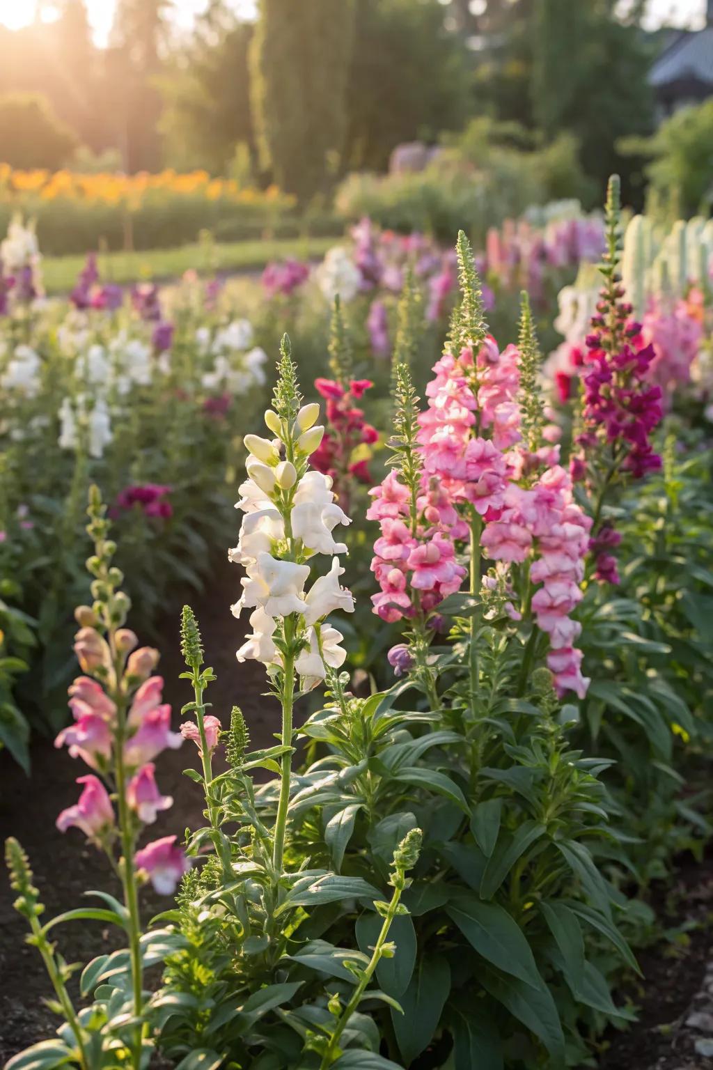 Snapdragons add height and a pop of color to this sunny flower bed.