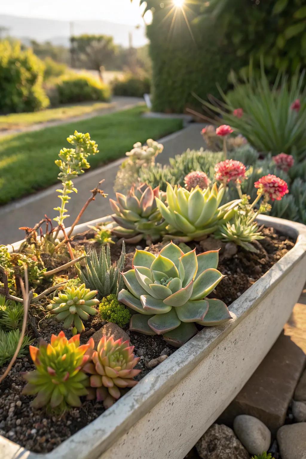 A succulent container garden showcasing diverse shapes and colors.