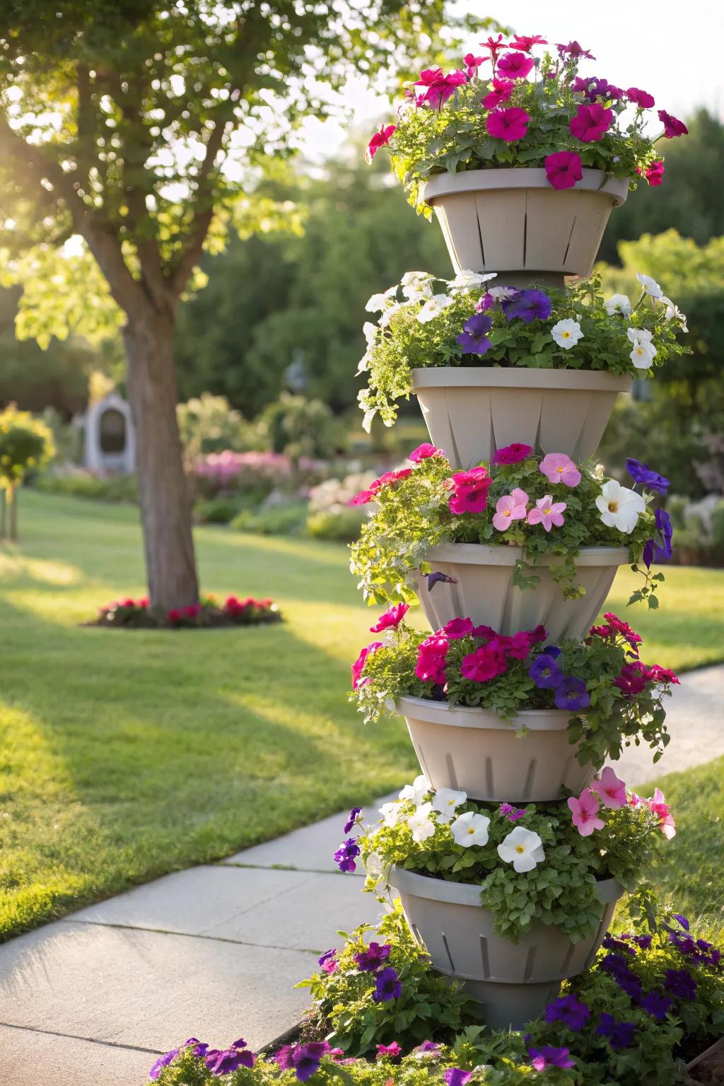 A vibrant tower of petunias, perfect for adding height and color to sunny garden spaces.