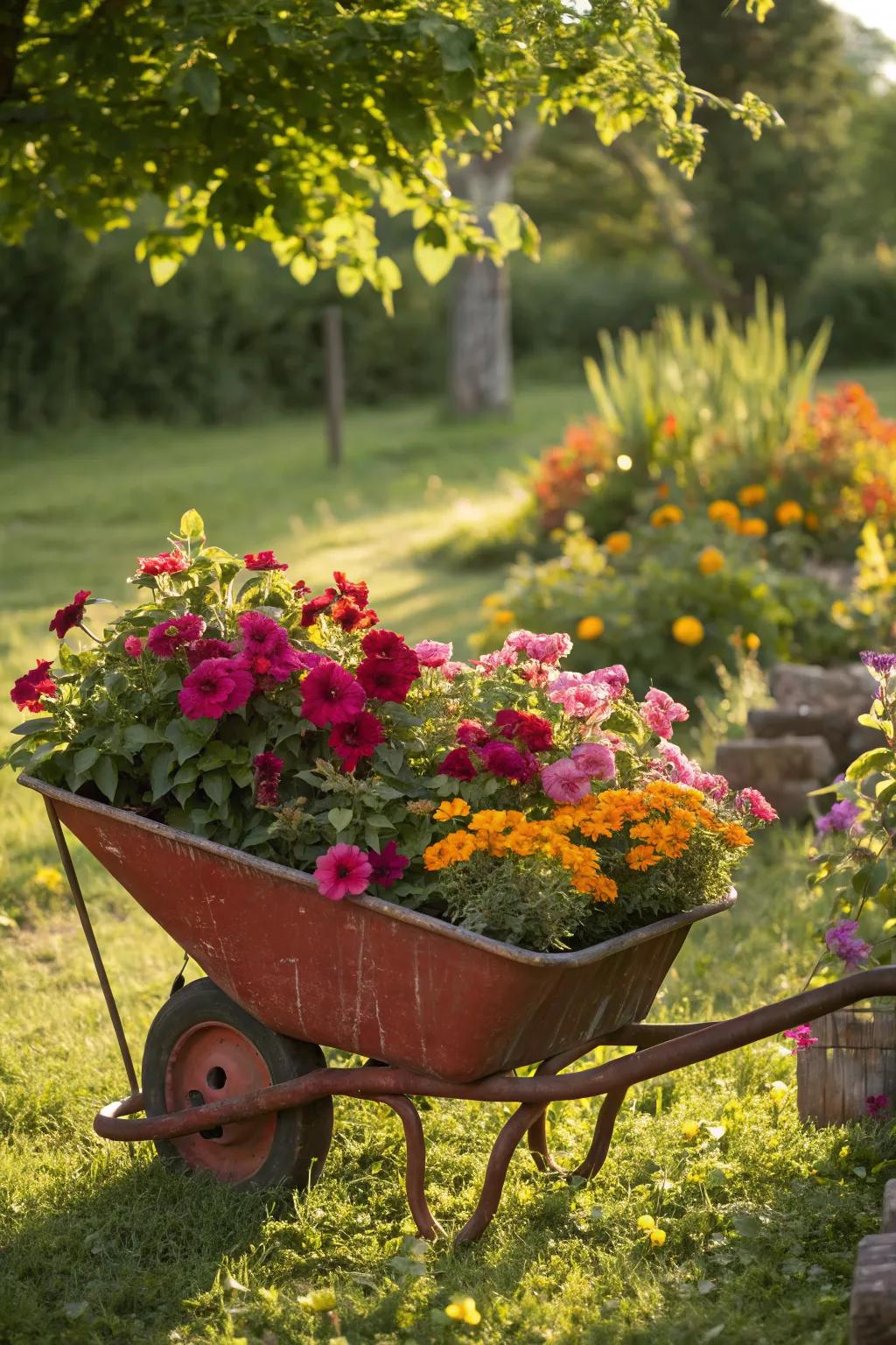 A vintage wheelbarrow transformed into a blooming planter