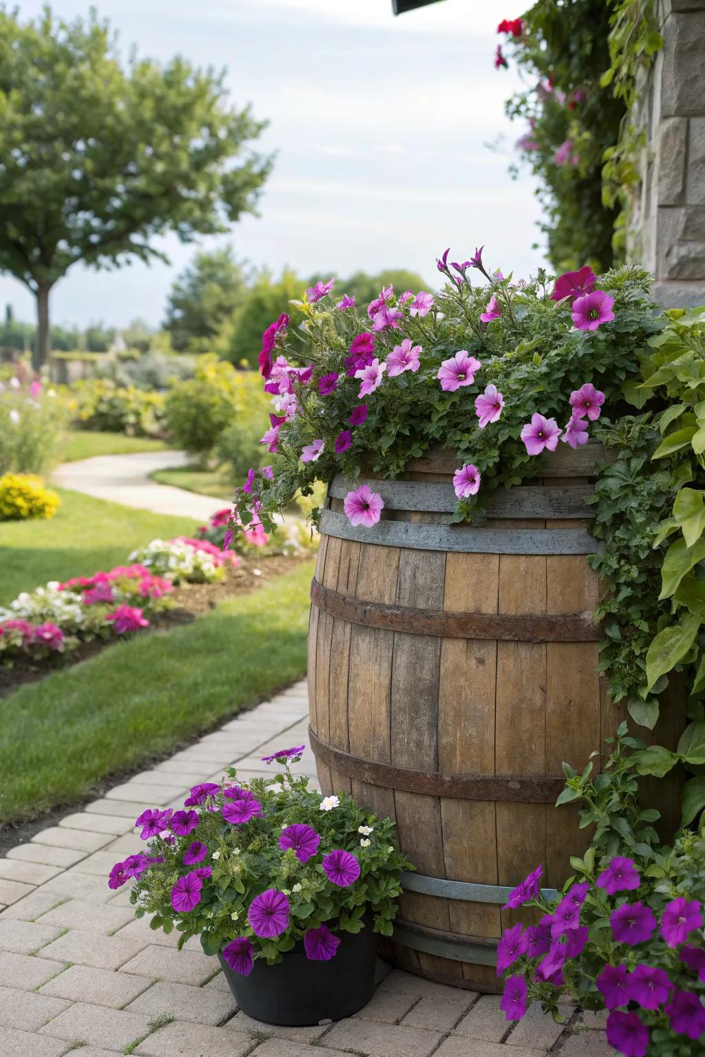 Petunias cascading elegantly from a whiskey barrel.