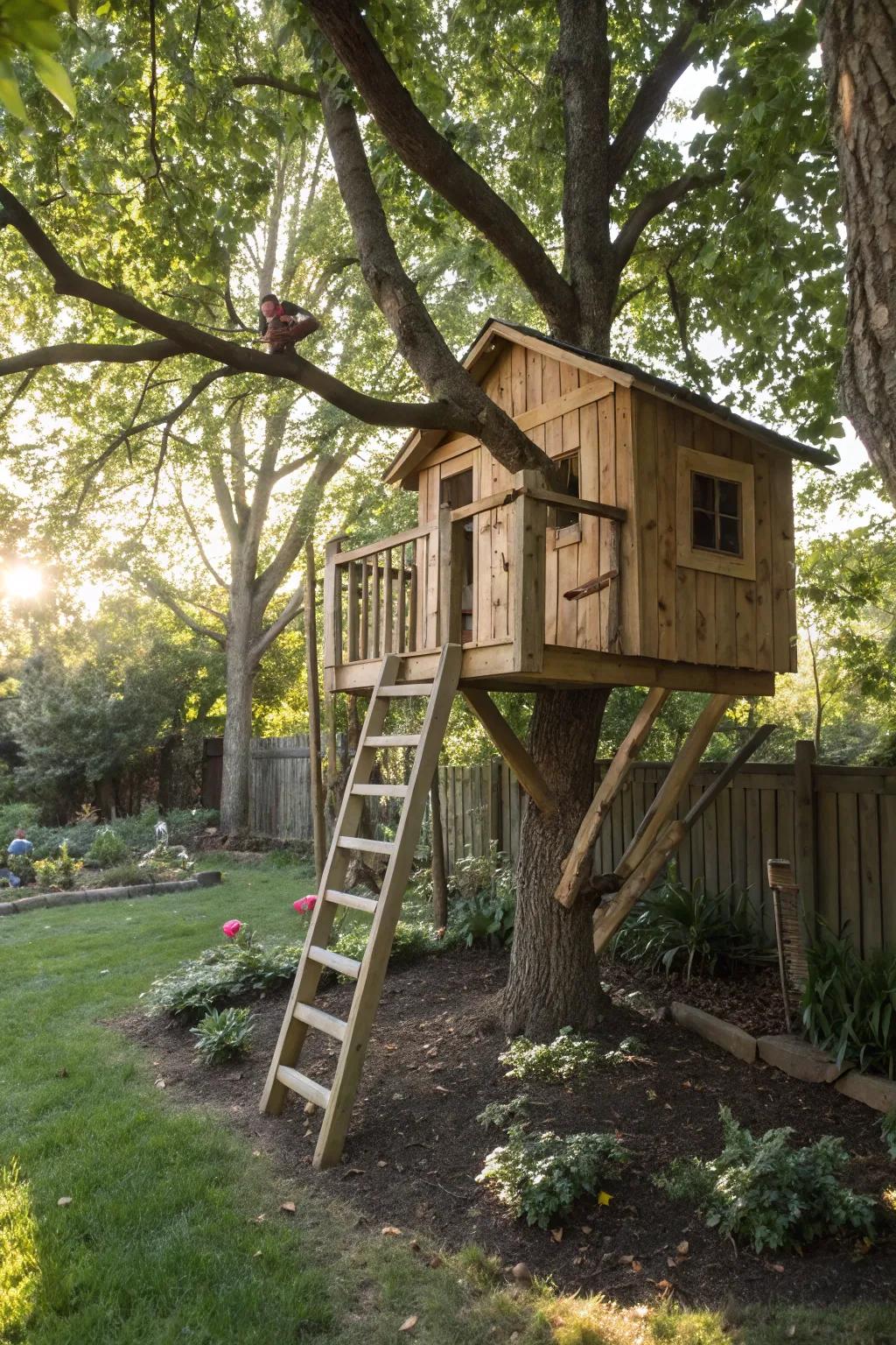 A DIY treehouse nestled in a backyard, sparking imagination.
