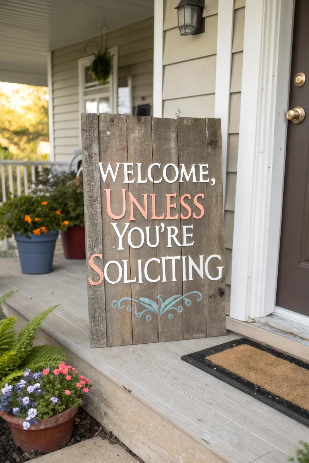 A sarcastic welcome sign with a twist for unwanted solicitors