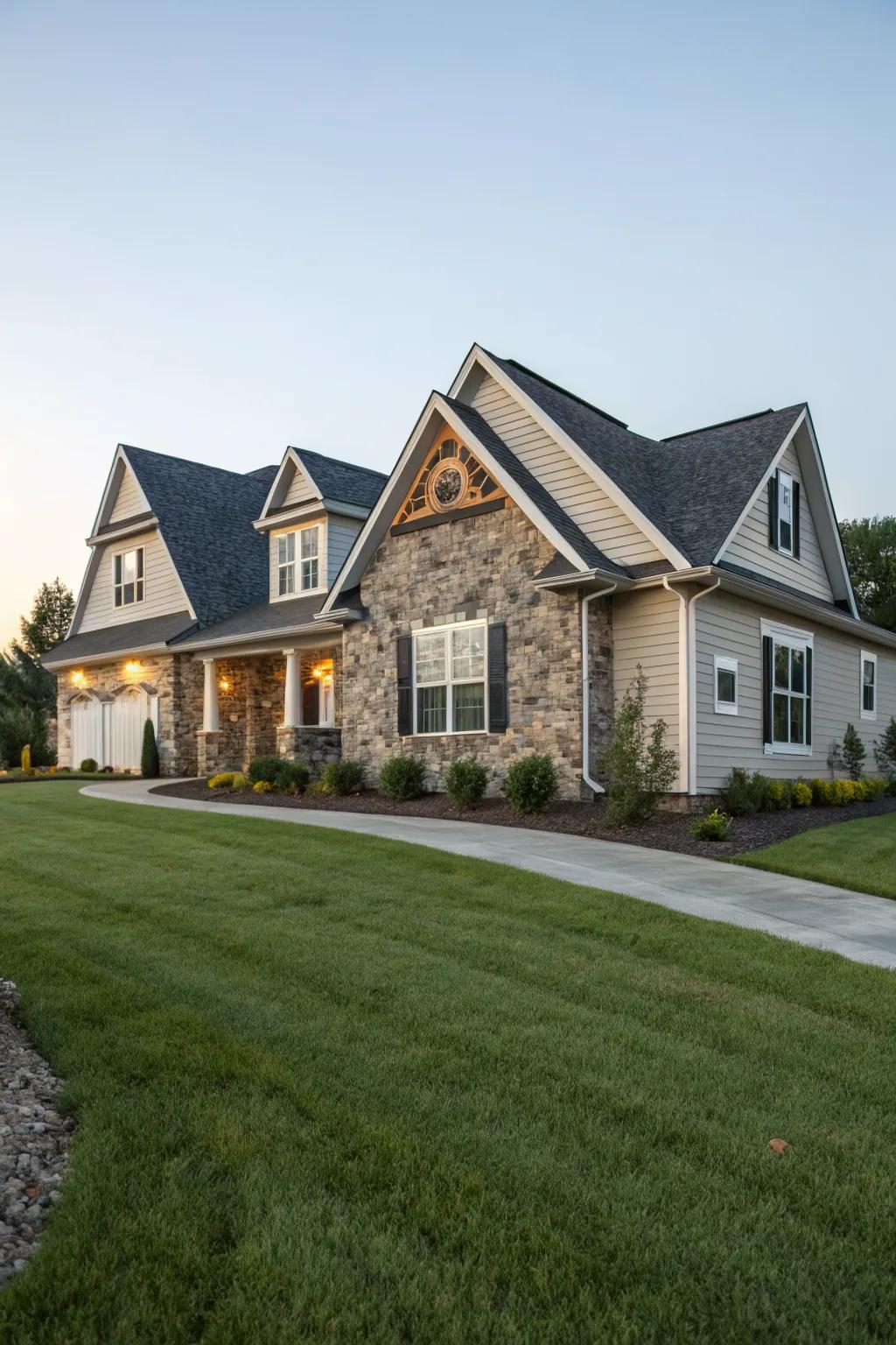 Stone accents lend a rugged elegance to home exteriors.