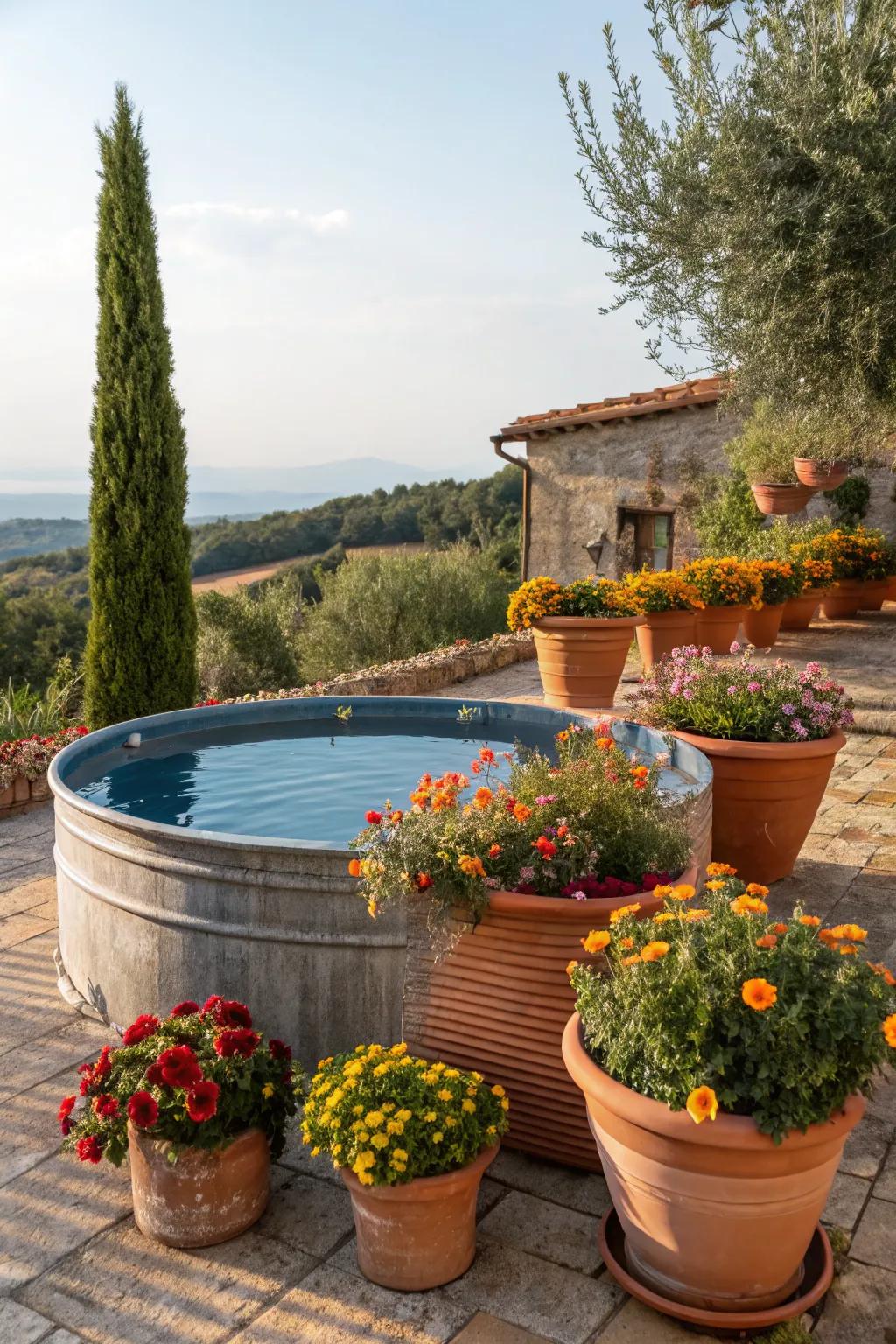 A Mediterranean-inspired galvanized pool complete with vibrant flowers.