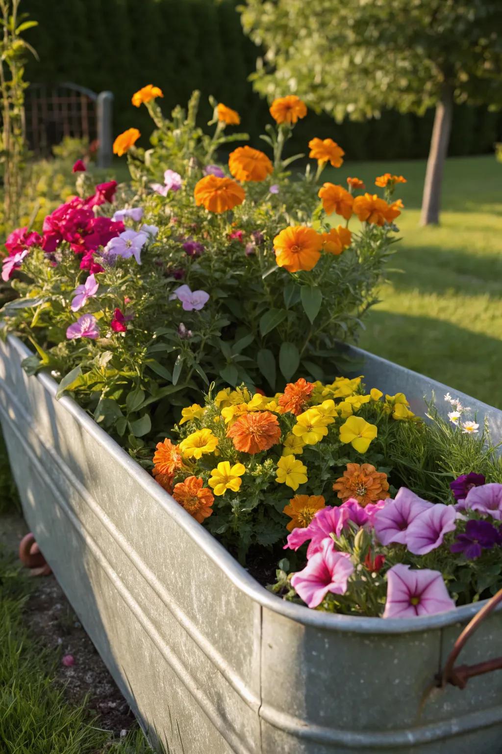 A stunning display of cascading flowers in a galvanized planter.