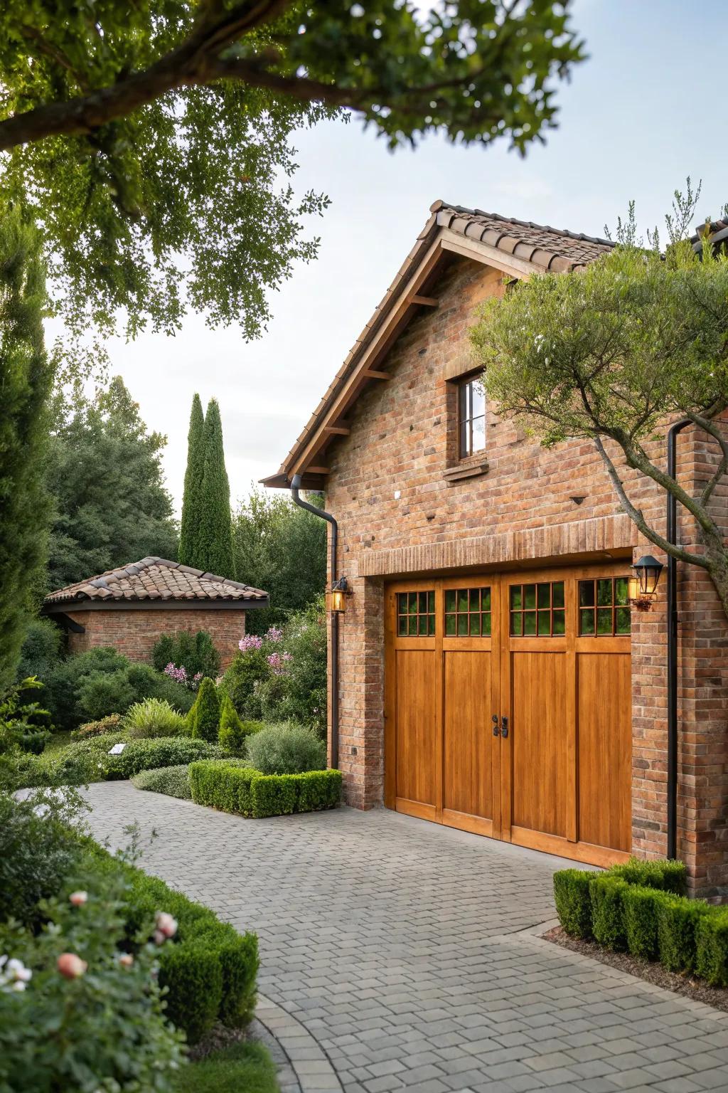 Warm wood tones create a harmonious blend with brick exteriors.