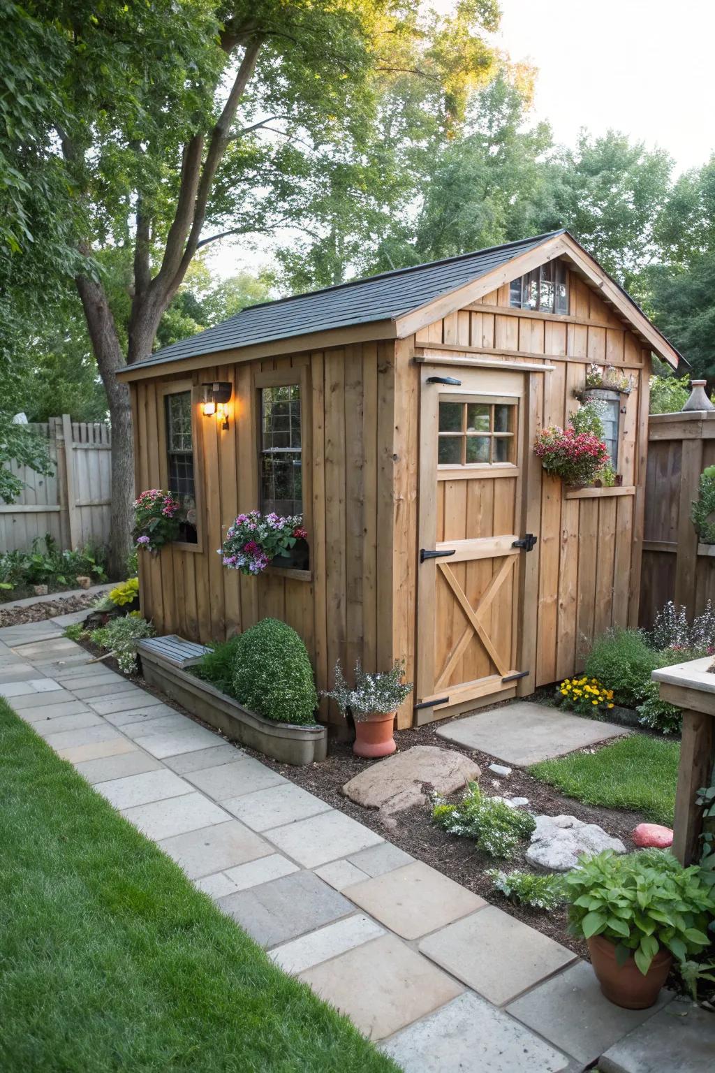 A rustic garden retreat within a stylish garage shed.