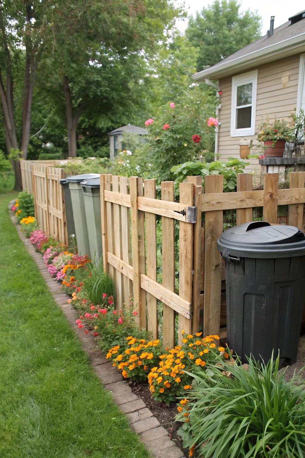 Create a charming DIY fence with repurposed pallets to hide those unsightly bins.