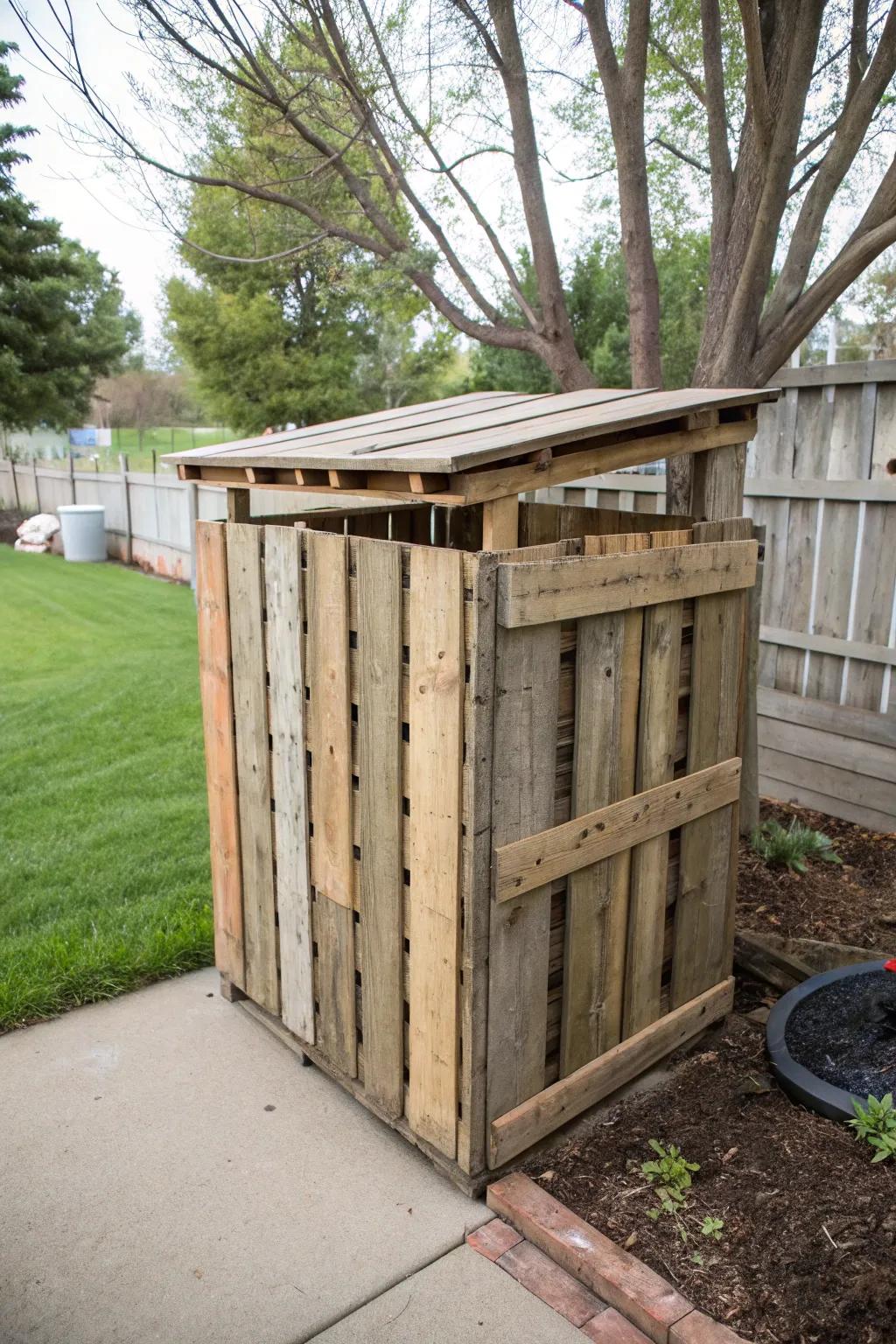 A charming DIY pallet box hiding the garbage cans.