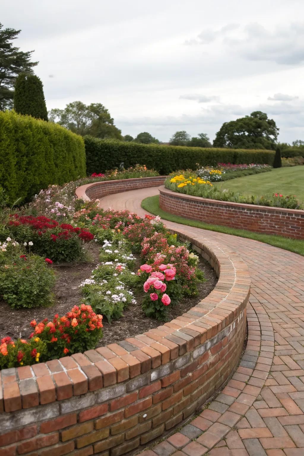 Classic brick borders add timeless elegance to garden beds.