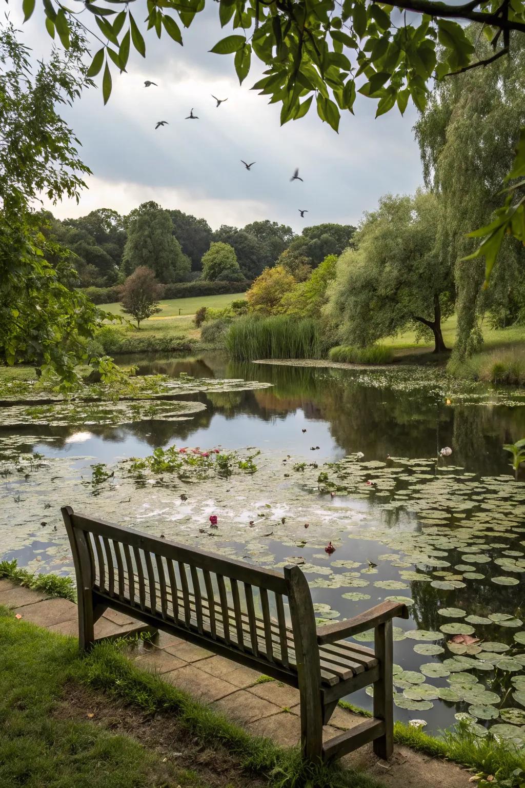 A serene garden bench by the pond, perfect for reflection.