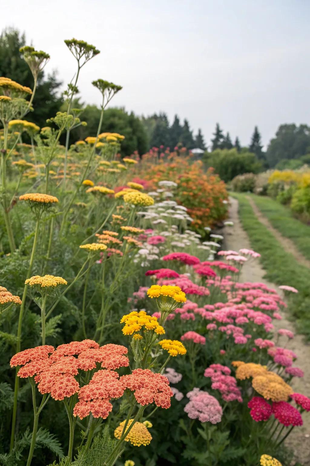 A garden border featuring a colorful display of Yarrow flowers.