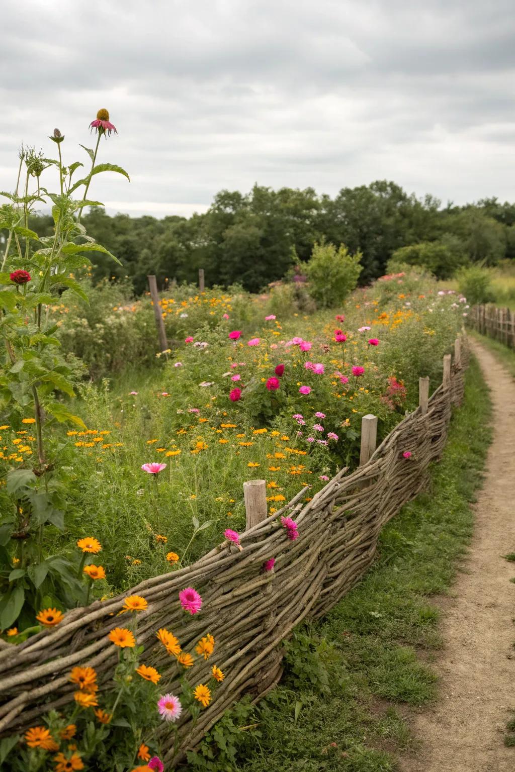 A rustic twig fence provides a charming boundary for wildflower gardens.