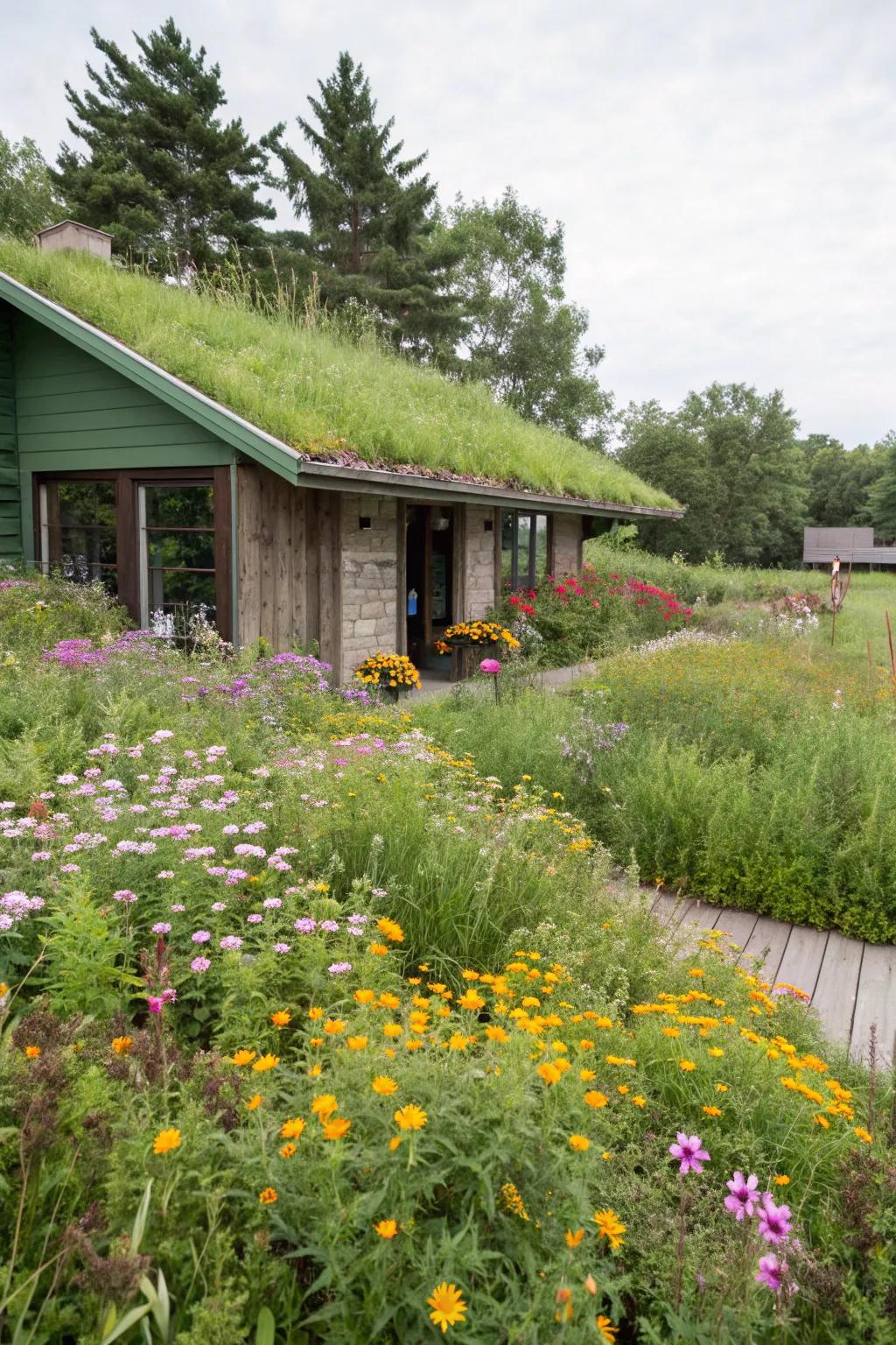 A garden building featuring a vibrant green roof surrounded by wildflowers.