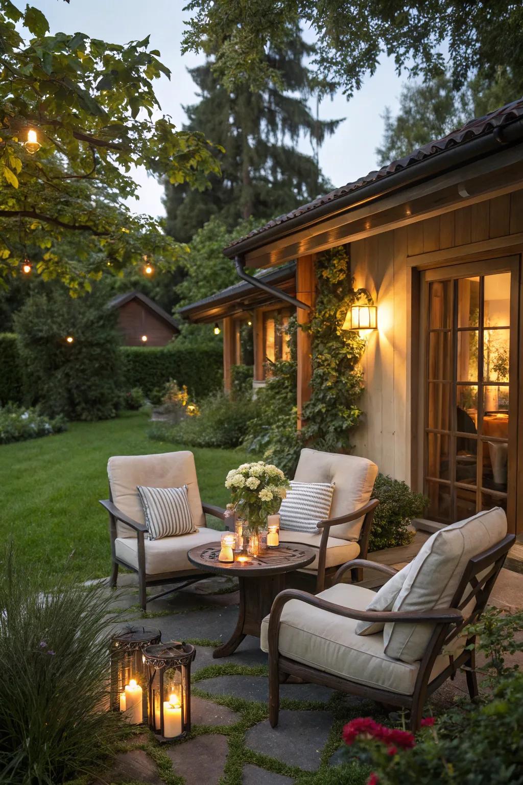 A tranquil seating nook perfect for unwinding in your garden bungalow.