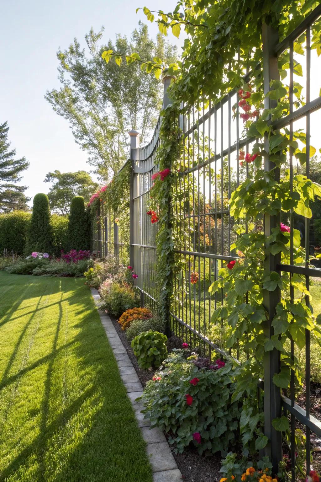 A tall metal fence provides a modern touch and reliable protection.