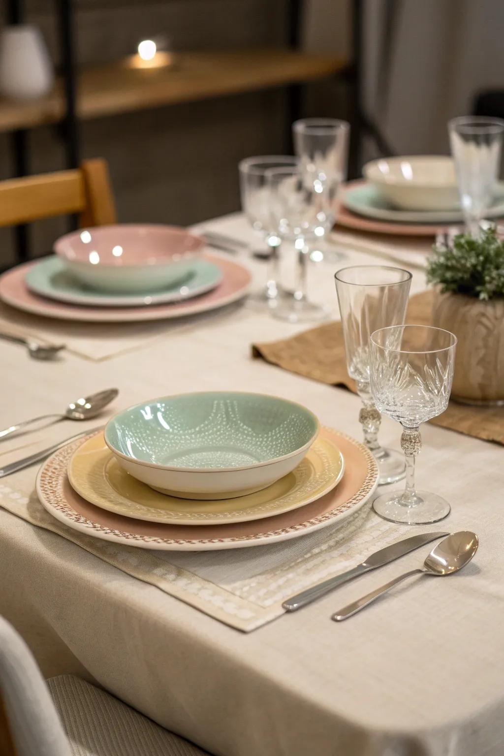 A beautifully set garden dinner table with elegant and soft-toned decor.