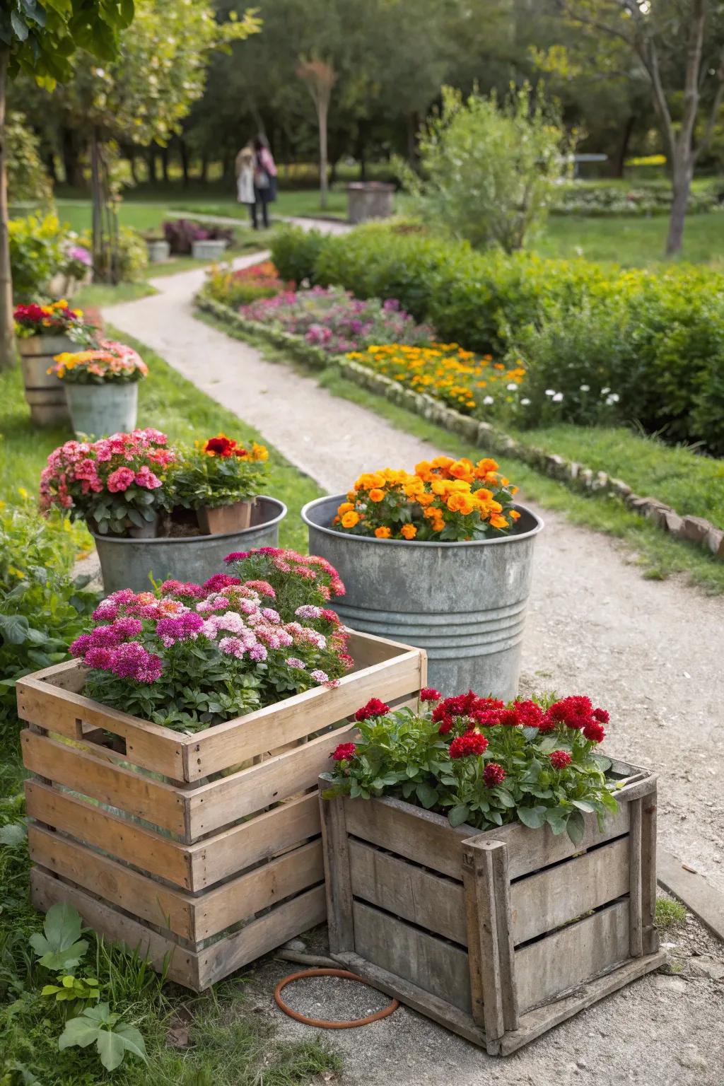 Creative use of unique containers for a whimsical garden display.