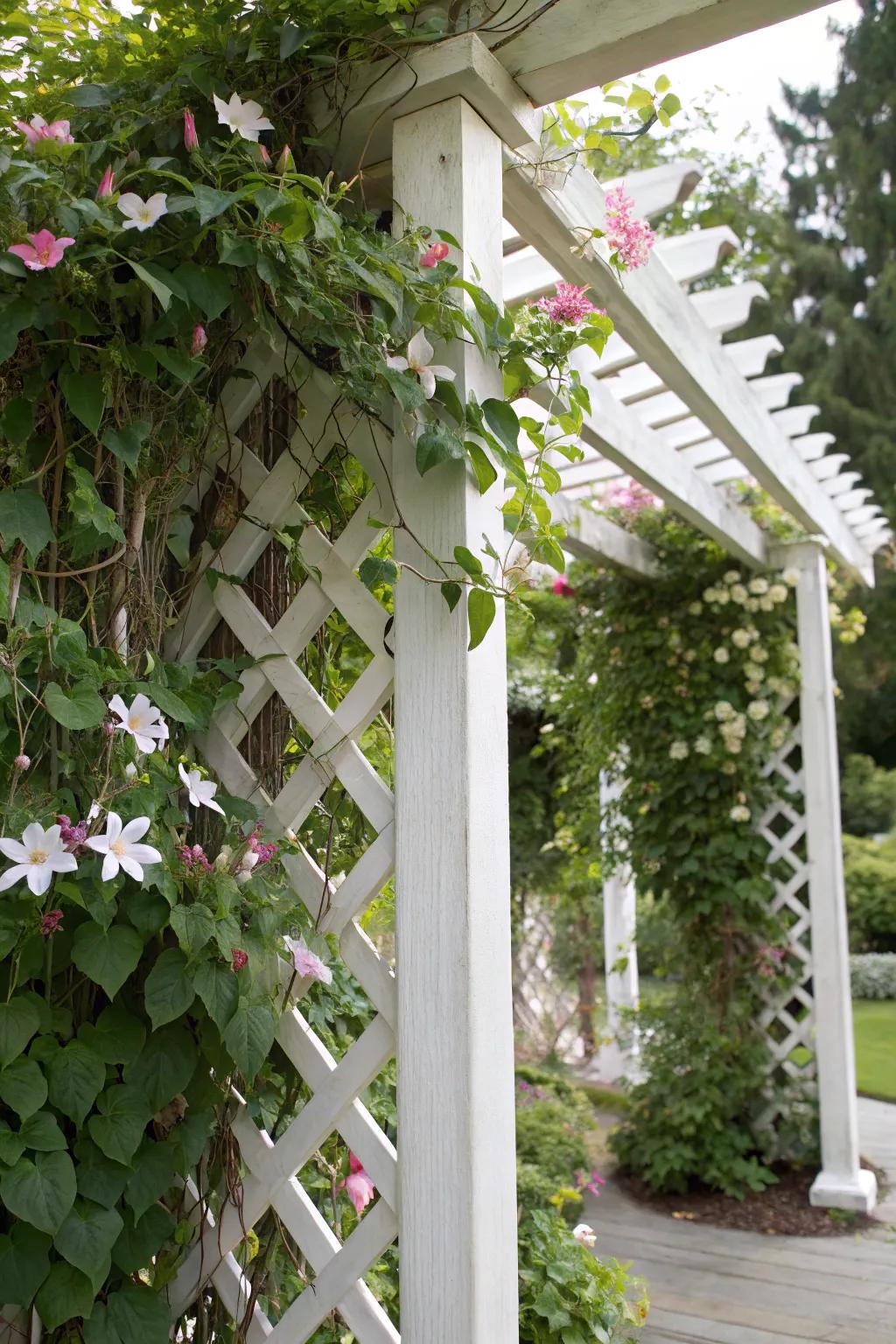 Lattice structures provide elegance and support for climbing plants.