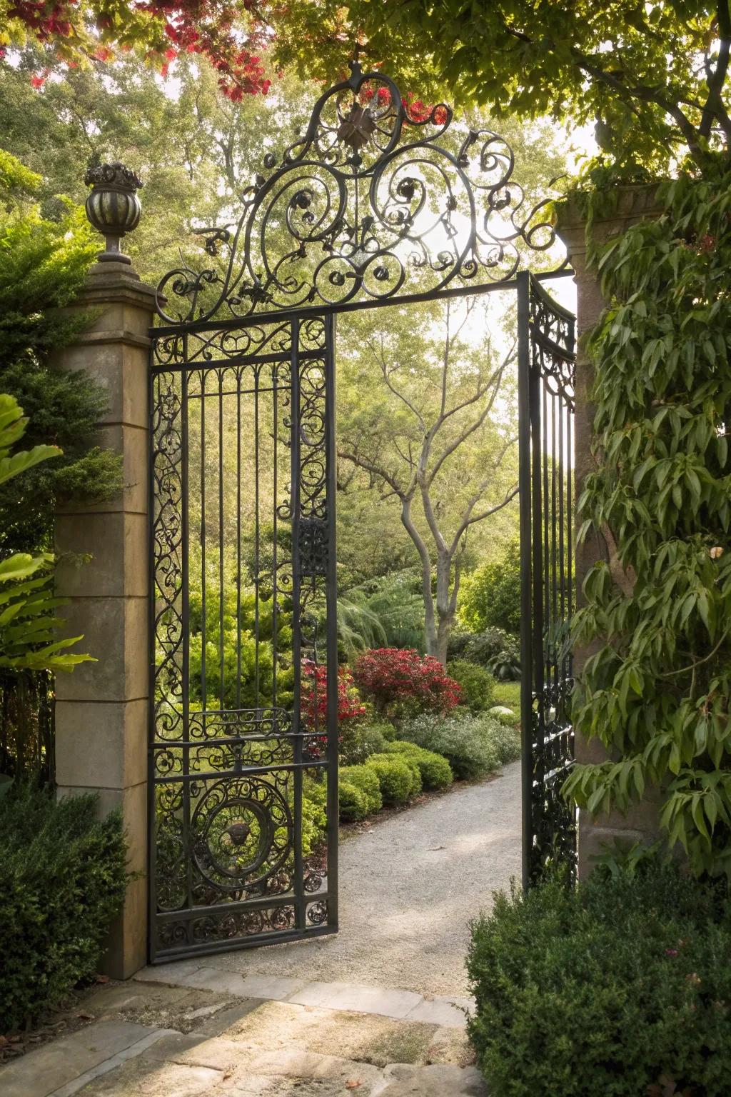 A wrought iron gate adds elegance and charm to the garden entrance.