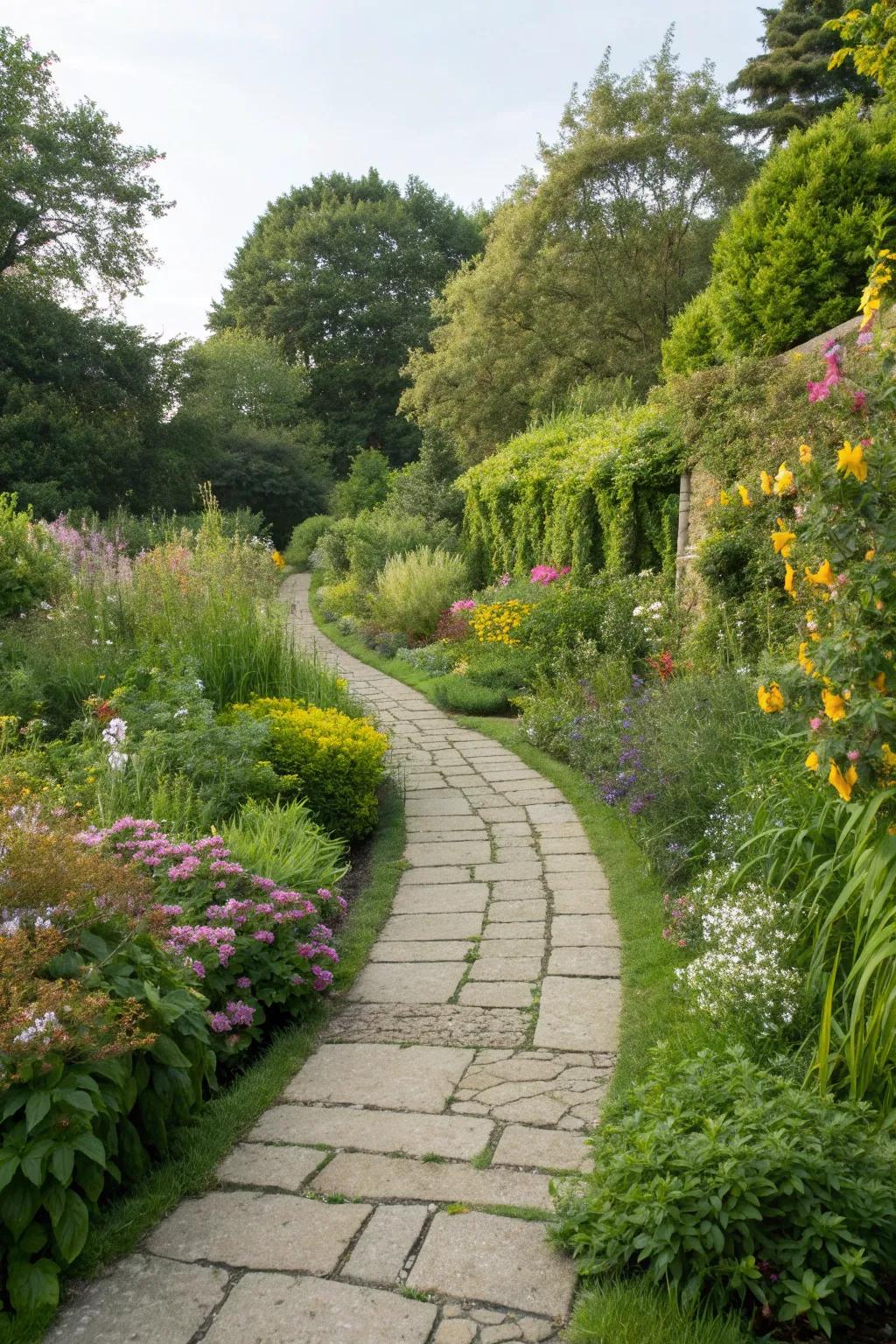 A picturesque stone pathway adds rustic charm to the garden entrance.