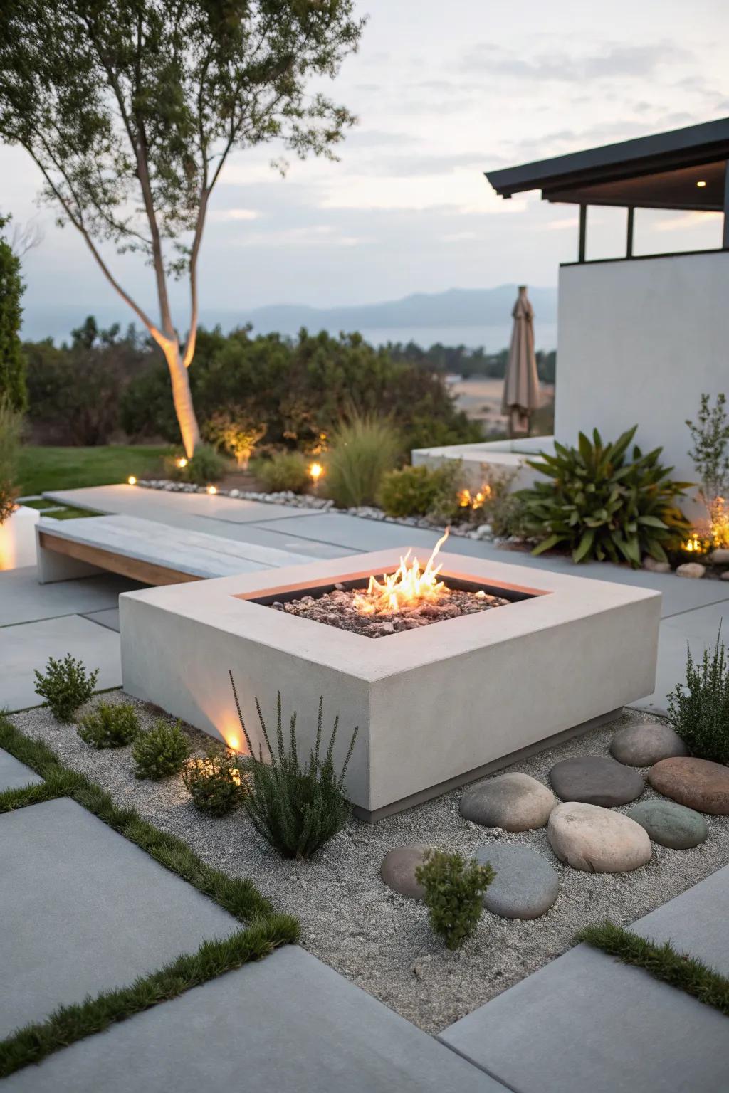 A modern geometric fire table perfect for contemporary outdoor spaces.