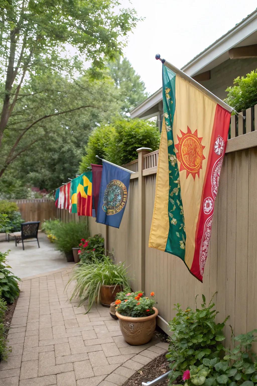 Wall-mounted displays provide a clean, organized way to show off your garden flags.
