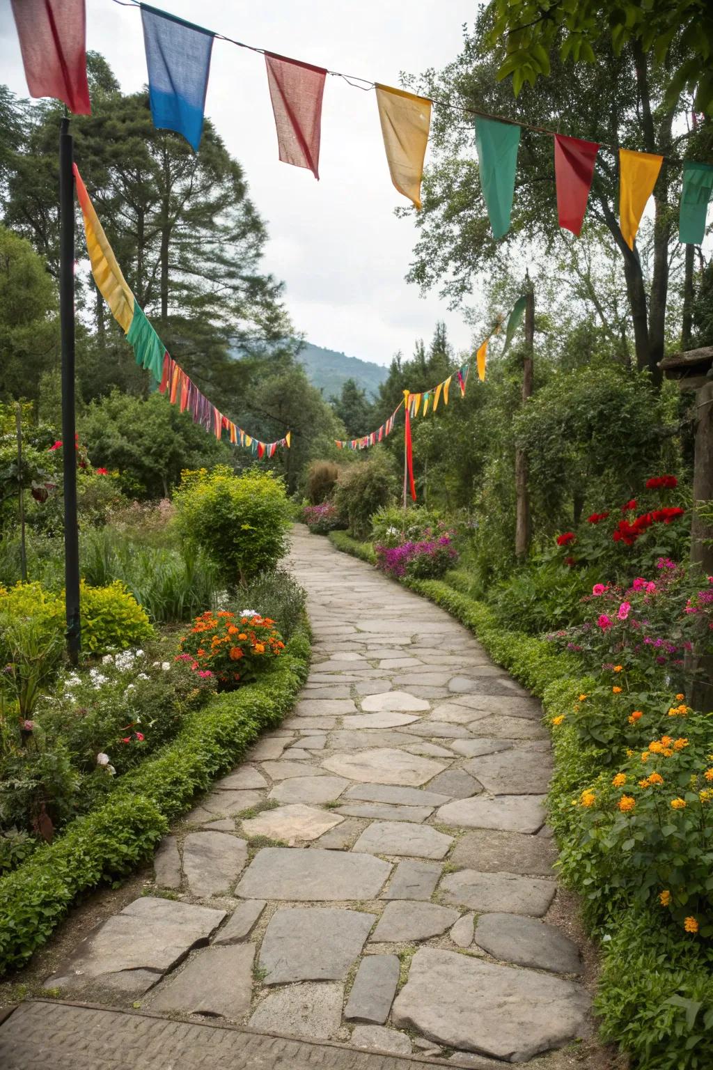 Flags creating a welcoming garden path