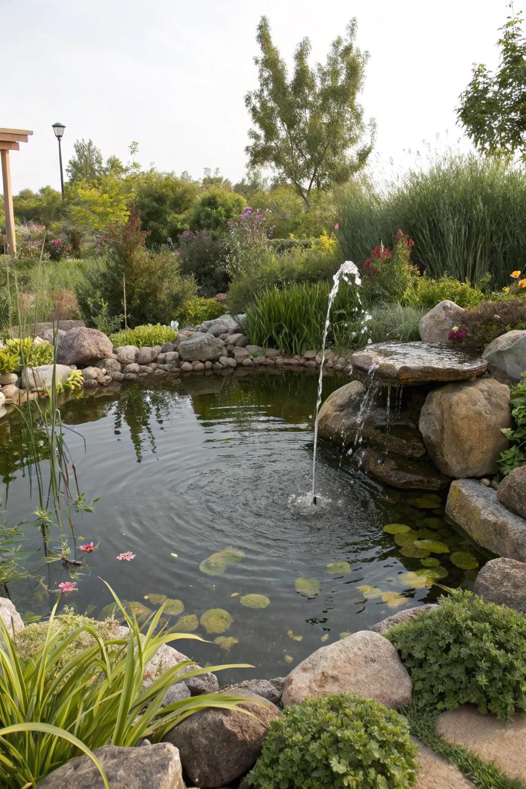 A tranquil pond with a fountain serves as a soothing garden focal point.