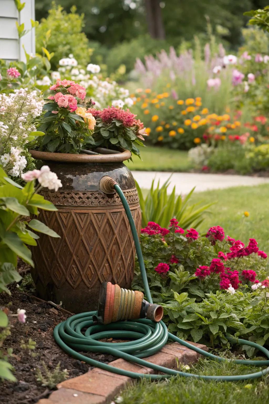 A charming hose pot that doubles as garden decor.